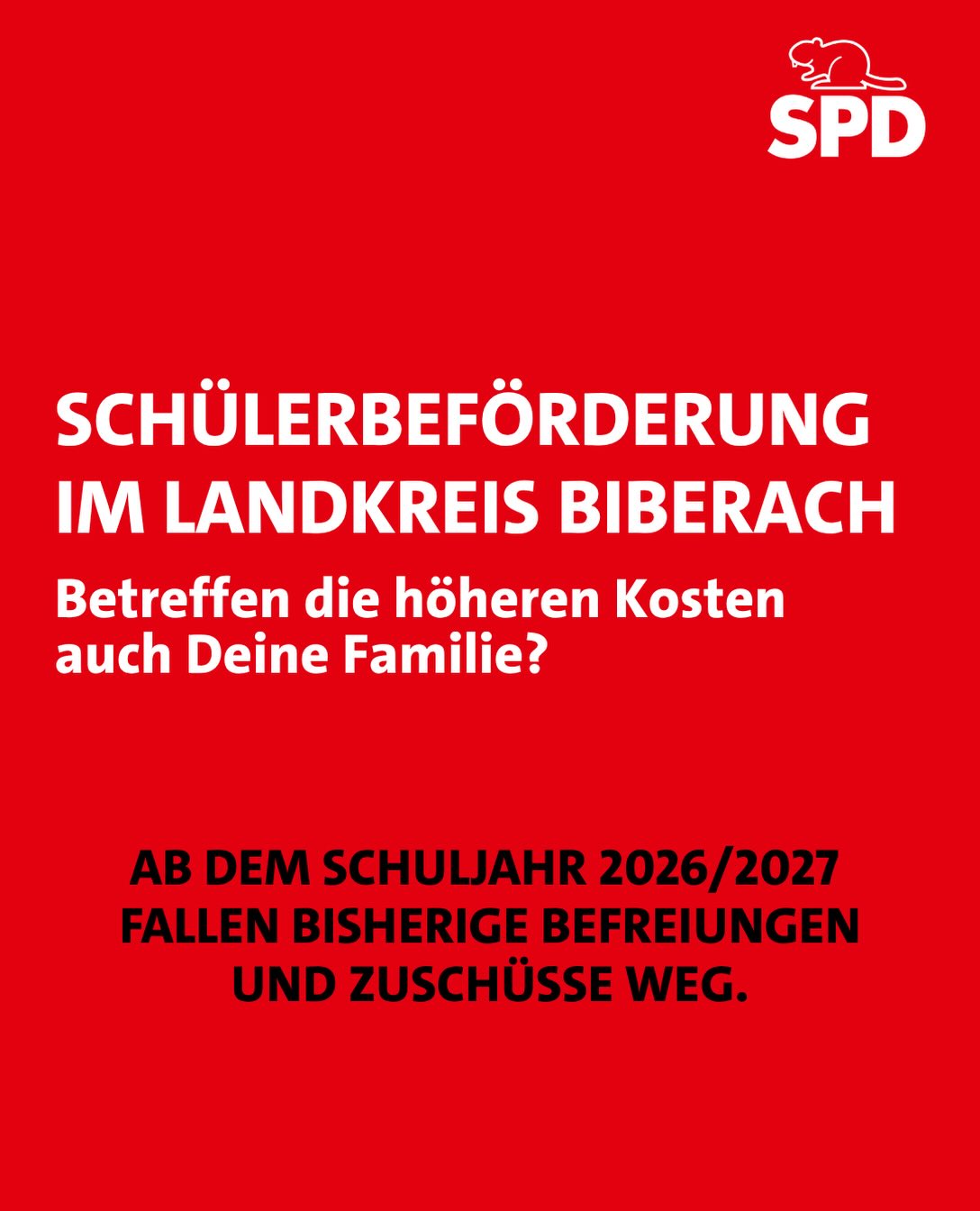 Mehr zahlen für den Schulweg? Das kann besonders Familien mit mehreren schulpflichtigen Kindern treffen. Denn bisherige Unterstützungen fallen ab dem Schuljahr 2026/2027 weg – auf Kosten der Familien.
Was bedeutet die Änderung konkret für eure Familie? Teilt eure Erfahrungen anonymisiert mit uns per Kommentar, per DM oder per Mail an kontakt.spd-kreis-biberach@outlook.de
So machen wir sichtbar, was die neuen Regeln im Landkreis Biberach tatsächlich bedeuten.
Wir fordern: Der Schulweg darf nicht vom Geldbeutel abhängen! Alternativen müssen geprüft werden!
✍️ Jetzt die Unterschriftenaktion „Sparmaßnahmen bei Bustickets“ unterstützen 👉 Link in der Bio
#KreisBiberach #Schülerbeförderung #FamilienEntlasten #Bildungsgerechtigkeit
