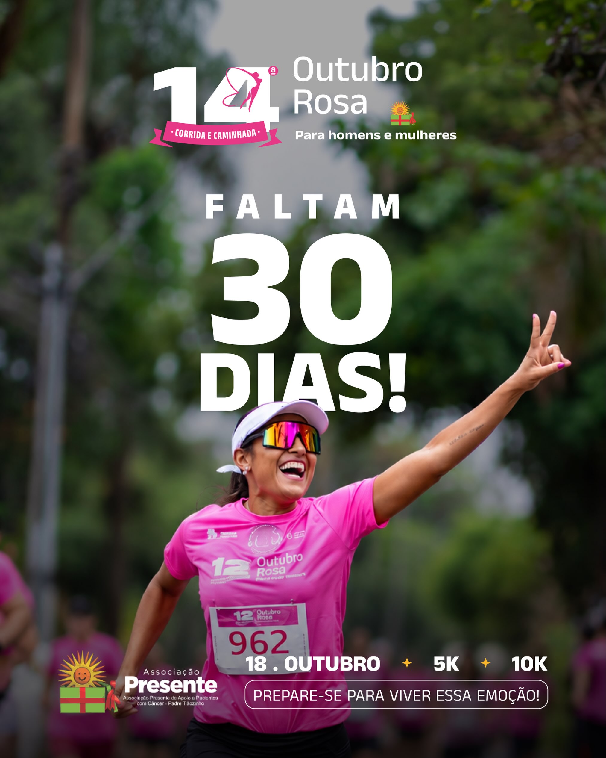 Pode separar o tênis, chamar a turma e preparar a animação, porque a contagem regressiva para a 14ª Corrida e Caminhada Outubro Rosa da Associação Presente já começou! ⏳
Daqui a 30 dias, vamos nos encontrar para correr, caminhar, celebrar a vida e, principalmente, fazer o bem. ✨
📅 18 de outubro
📍 Parque Municipal Milton Prates
O relógio está correndo… e a gente também! ⏰🏃♀️
Venha fazer parte do mar cor de rosa! 💗
.
.
#OutubroRosa #CorridaSolidária #AssociaçãoPresente #CorridaECaminhada
