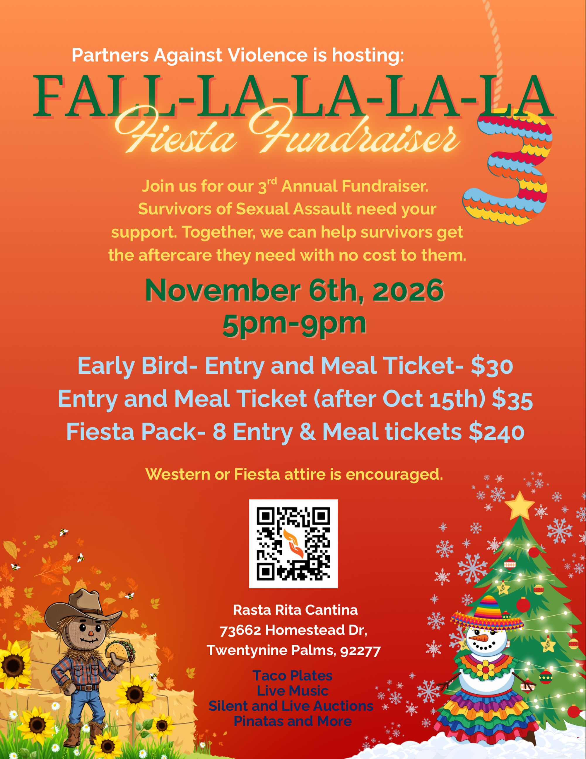 It’s Time!! Tickets are on sale for our 3rd Annual Fall-La-La-La-La Fiesta Fundraiser. We can’t wait to spend an evening with you. Escape to the desert for this FUNdraiser, eat yummy @rastaritacantina tacos, take a whack at a piñata, dance with @gritty_grams, bid on super items, and support survivors.
Must be 18 to attend.