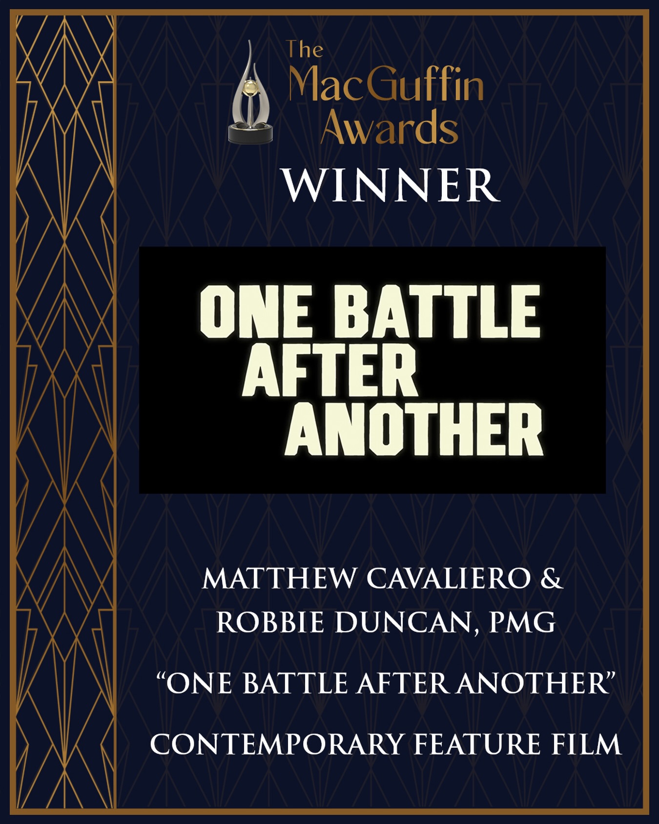 Congratulations to Matthew Cavaliero and Robbie Duncan, PMG, recipients of the Contemporary Feature Film Award for their work on “One Battle After Another”.🏆