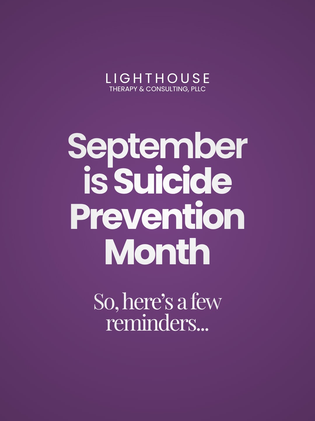Just in case nobody has told you lately: we’re glad you’re here. 💜🩵
Not because of what you do for everybody else.
Not because you kept it together today.
Not because you showed up, handled business, answered the texts, took care of everybody, or made it look easy.
Just because you’re you. And your life matters.
This month, and every month, we hope you remember that there are people who want to hear your voice, laugh with you again, sit beside you, check on you, and see what the rest of your story holds.
And if life has gotten heavier than you’ve been letting on, you don’t have to carry that weight in silence.
We see you. We care about you. And we’re really, really glad you’re still here. 💜🩵
Save this for yourself. Send it to somebody you love.
If you or someone you know is experiencing a mental health crisis or needs immediate support, call or text 988 to connect with the Suicide & Crisis Lifeline.
#SuicidePreventionMonth #MentalHealthMatters #LighthouseTherapy #Therapy #mentalhealthsupport