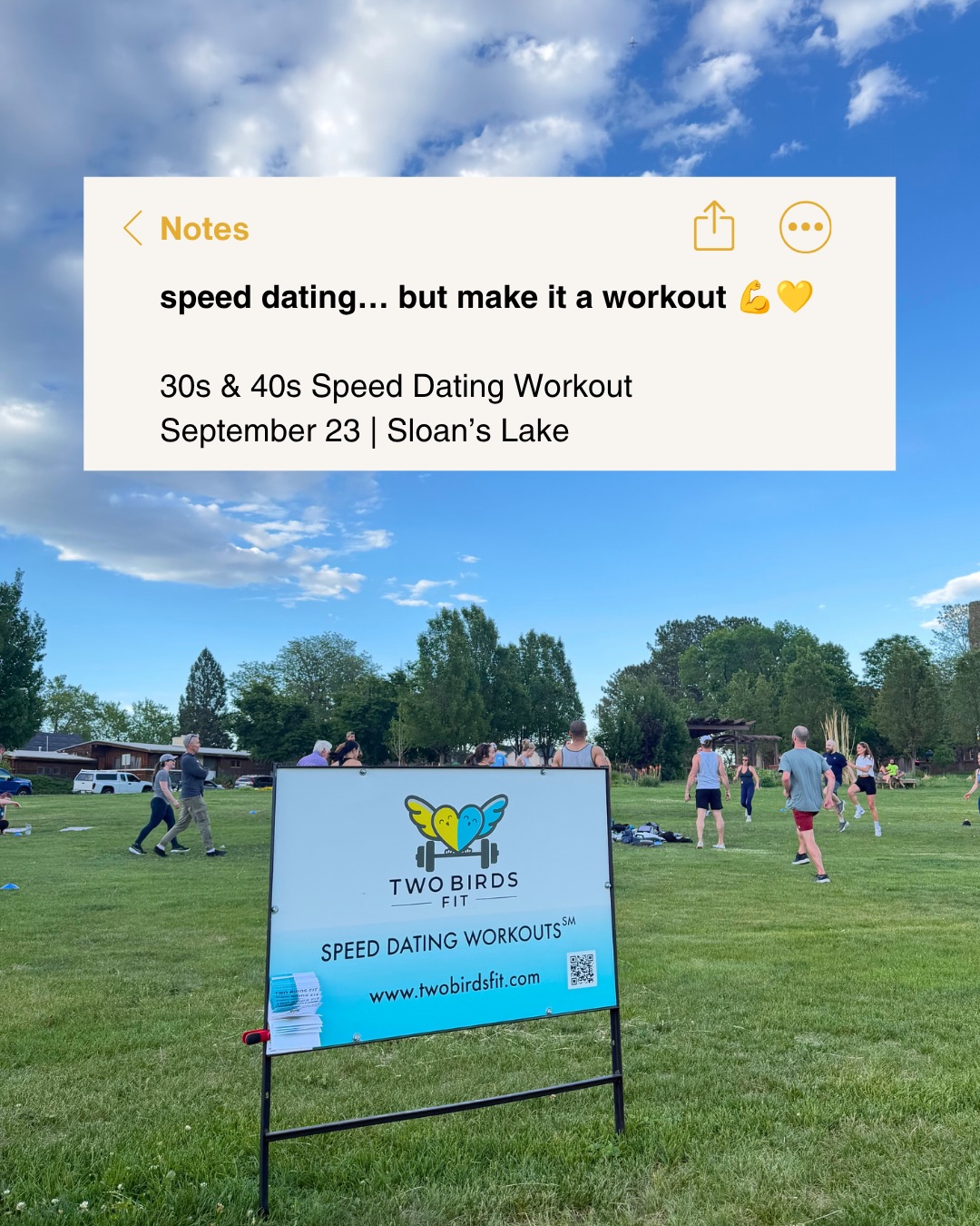 Consider this your excuse to get off the apps and meet people while getting a workout in 💪👀
Our 30s & 40s Speed Dating Workout is for singles who want to spend an evening moving, laughing, and meeting people face-to-face.
Come solo, get a workout in, meet a whole group of active singles, and see where the night takes you. Maybe you find someone you want to flirt with, maybe you meet a new friend, or maybe you just leave knowing you tried something completely different.
Either way, you got out of the house and got your workout in. Two birds, one stone. 🐦🐦
📅 Wednesday, September 23
⏰ 5:30–7:00 PM
📍 Sloan’s Lake | 1881 Meade St, Denver
Spots are limited to 28 singles, with 14 ladies + 14 guys.
🎟️ Ready to trade swiping for showing up? Grab your ticket through the link in bio at @twobirdsfit