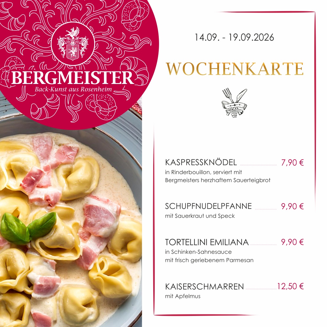 🍽️ **Ab morgen gibt’s wieder eine neue Wochenkarte!** 🍽️
Im Café Bergmeister warten vier neue leckere Schmankerl auf euch – perfekt für eine genussvolle Mittagspause:
🥣 **Kaspressknödel in Rinderbouillon** – herzhaft, wärmend und traditionell.
🥓 **Schupfnudelpfanne mit Sauerkraut und Speck** – deftig, würzig und richtig gemütlich.
🍝 **Tortellini Emiliana mit Schinken-Sahnesauce** – cremiger Pasta-Genuss für alle Italien-Fans.
🍎 **Kaiserschmarren mit Apfelmus** – süßer Klassiker zum Abschluss.
Kommt vorbei, gönnt euch eine leckere Auszeit und lasst es euch schmecken! 😋
Wir freuen uns auf euren Besuch! ❤️
#cafébergmeister #bergmeister #Leckereien #Schmankerl #FoodieHeaven #LeckerEssen #EssenWieBeiMama #herzhaft #kaspressknödel #schupfnudeln #tortelliniemiliana #kaiserschmarren #mittagspause #lunchbreak #maxjosefsplatzrosenheim #rosenheim #pause #mittagessen #frischeküche #wochenkarte #tagesgerichte