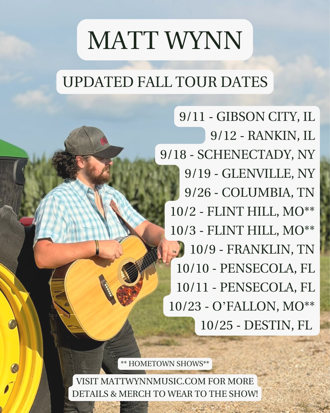 I’m excited to announce a few more shows for this fall! We’ve added 2 hometown shows the first weekend of October so come hang out with me in my hometown of Flint Hill @fiestahillmexicanbarandgrill on Friday Oct. 2 & Saturday Oct. 3 🤘🏻
Kickin this off tonight in Gibson City, IL with my friend @drewbaldridgemusic
Who am I gonna see and where?? COMMENT BELOW! 👇🏻👇🏻
#tour #travel #livemusic #country #fall