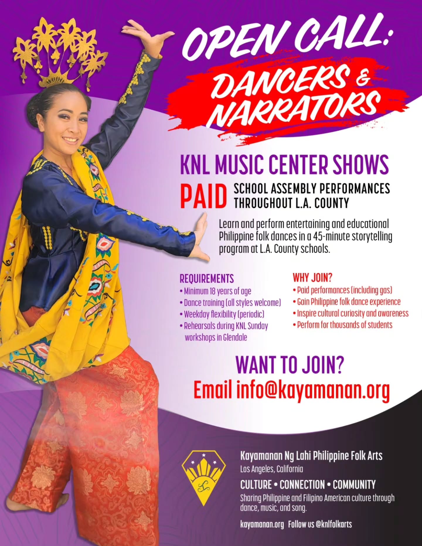 ✨ OPEN CALL: DANCERS & NARRATORS ✨
School assembly season is here! 🎭📚
Are you a dancer or storyteller looking to share your artistry with young audiences? Get trained and join a pool of performing artists ready to bring awe, inspiration, and cultural connection to school children throughout the community.
Our school assembly program is produced through The Music Center and offers artists the opportunity to perform, connect, and make a meaningful impact through the arts.
🌟 Train. Perform. Inspire...get paid!!
📩 Contact us to learn more. Open call and rehearsals start soon. Assemblies begin in October!! Opt-in to dates you are available.
#OpenCall #Dancers #Narrators #PerformingArtists #ArtsEducation