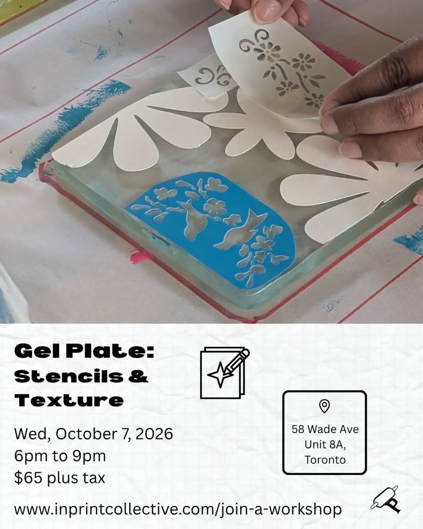 WE LOVE GEL PLATE and we are super pleased to be adding a couple of focused one-day workshops to our Fall schedule!
Gel Plate is a very satisfying medium you can do at home - but sometimes you need a little support getting started! Both of our options focus on a particular technique that allows you to create expressive and painterly works of art!
You don't need to take one in order to take the other - just pick the workshop with the focus that appeals to you!
Join on Wed Oct 7 or 14 for an evening of gel plate fun - no experience required!
Visit the link in our bio or www.inprintcollective.com/join-a-workshop
ID: two images in the carousel, both highlighting each date of our gel plate workshops. The Oct 7th workshop features a main image of hands arranging stencils on a plate, while the Oct 14 features a close up of an artwork made from a magazine transfer of Chappel Roan.