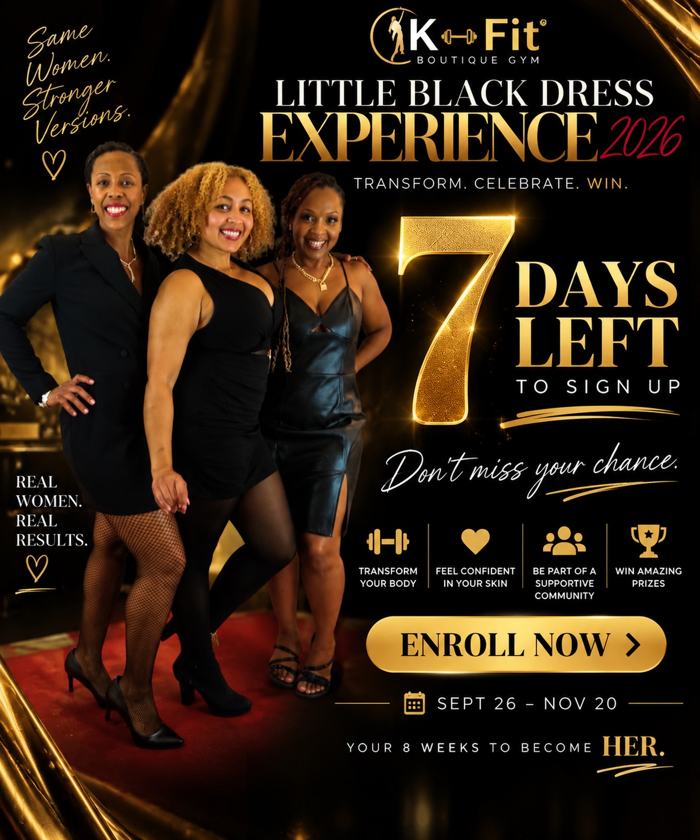 22 WOMEN SAID YES. 👑
ONLY 8 SPOTS LEFT.
And that says everything.
22 women have already decided they’re not waiting for January.
They’re not waiting for the “perfect time.”
They’re choosing to finish 2026 stronger, more confident, and surrounded by women doing it with them.
The Little Black Dress Experience has always been about more than the dress. 🖤
It’s 8 weeks of coaching, accountability, nutrition, community, and showing yourself what can happen when you finally stay consistent.
We opened 10 additional spots after our original 20 filled.
Now only 8 remain.
👑 LBD Experience 2026
📅 Sept 26 – Nov 20
⏳ 7 DAYS LEFT TO ENROLL
🔥 8 SPOTS LEFT
Don’t wait until you’re watching their transformations in November thinking, “I should’ve done it too.”
This is your invitation. Come do it WITH us. 🖤
📲 Enroll now — link in bio.