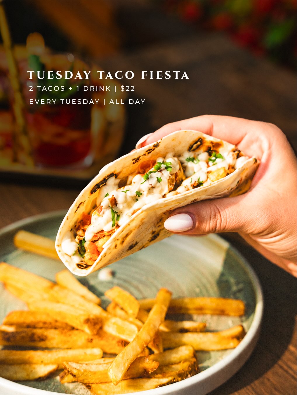 Your Tuesday plans just found the right table.
Enjoy 2 tacos and 1 drink for $22 at Squires.
For Reservations & Info:
π 905-333-6627
π squires.pub/reservations
π 3537 Fairview St, Burlington, ON