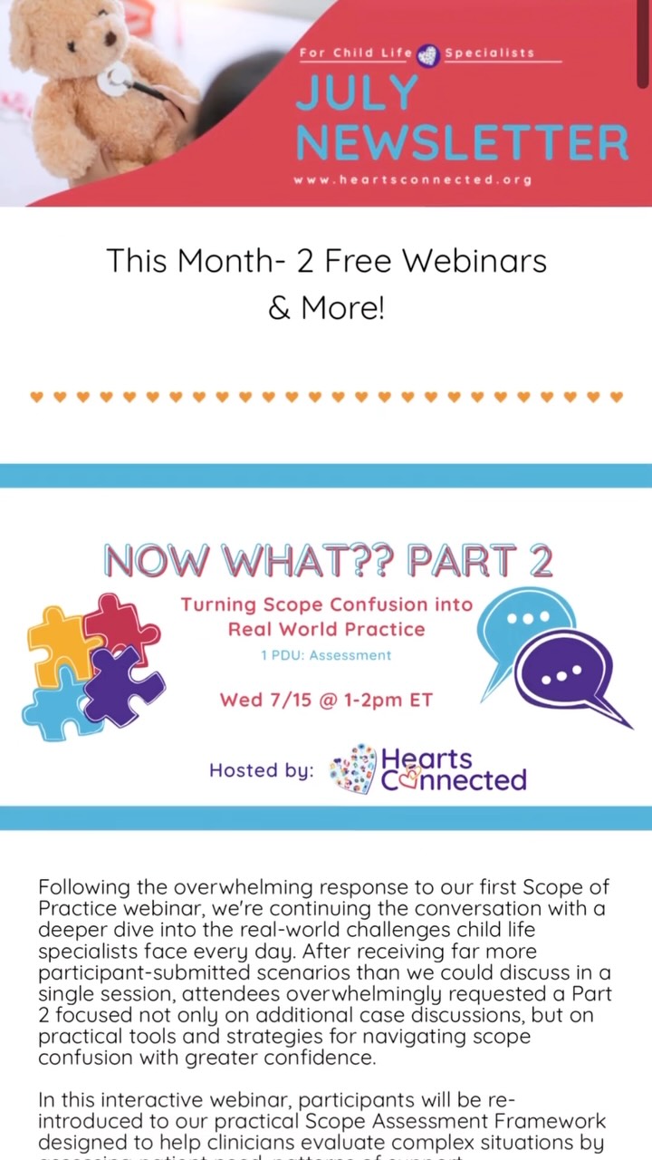 Stay connected with the Hearts Connected newsletter for all things Child Life!
If you are looking for professional articles, information on our upcoming webinars, free resource handouts, updates and highlights from our Child Life community!
Our Child Life Newsletter is a great way to stay connected!
Subscribe today using the link in our bio!
#ChildLife #Newsletter