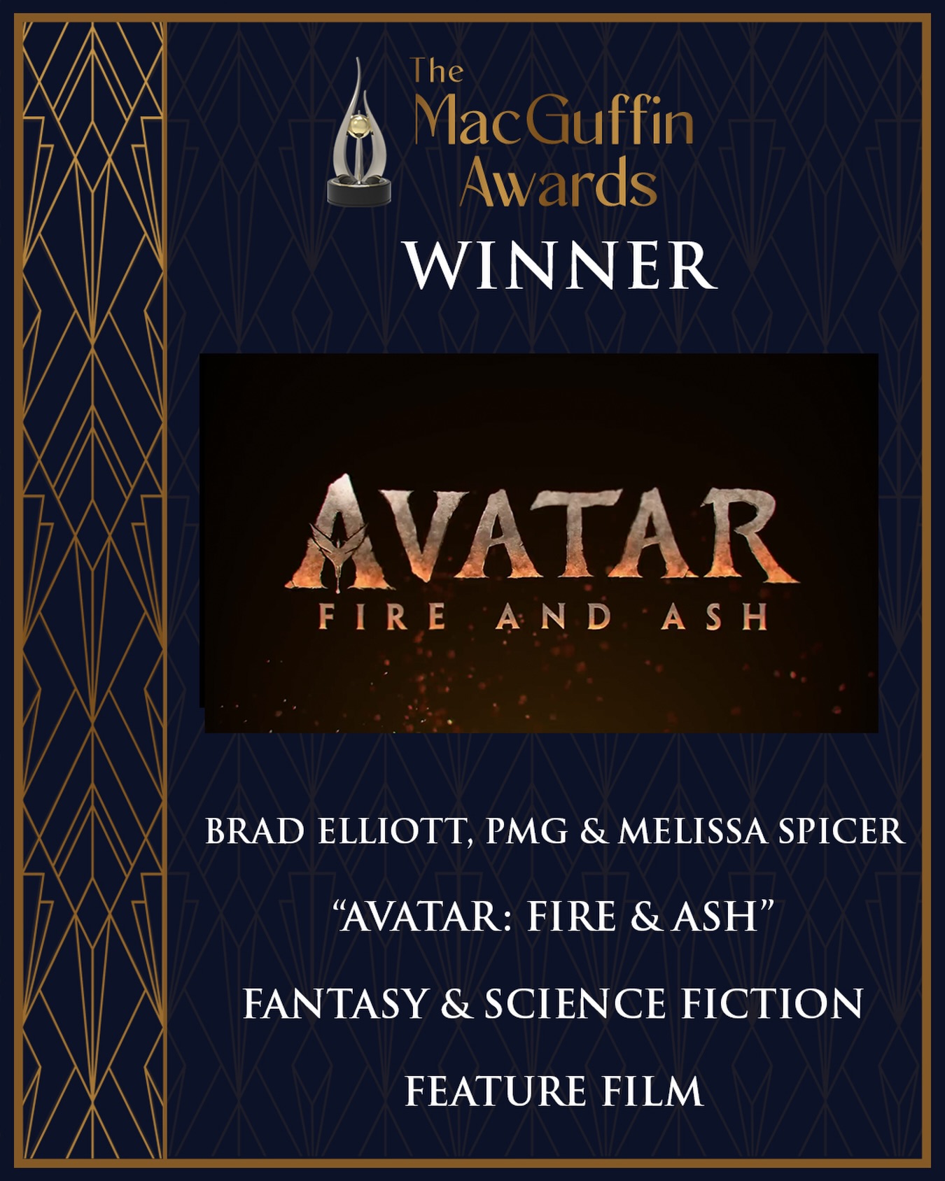 Congratulations to Brad Elliott, PMG, and Melissa Spicer, recipients of the Fantasy & Science Fiction Feature Film Award for their work on “Avatar: Fire & Ash”. 🏆