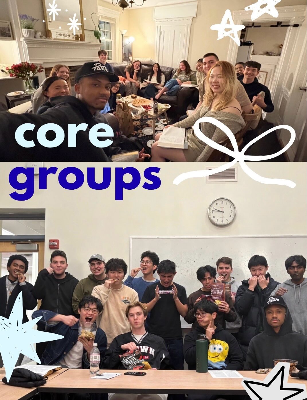 Branch has 4 Core Groups (Bible Studies) this semester: Gospel, Women’s, Men’s, + Gender-Inclusive. Come learn more about God and spend time in community 😊
We hope this can be a core part of your semester 🙈