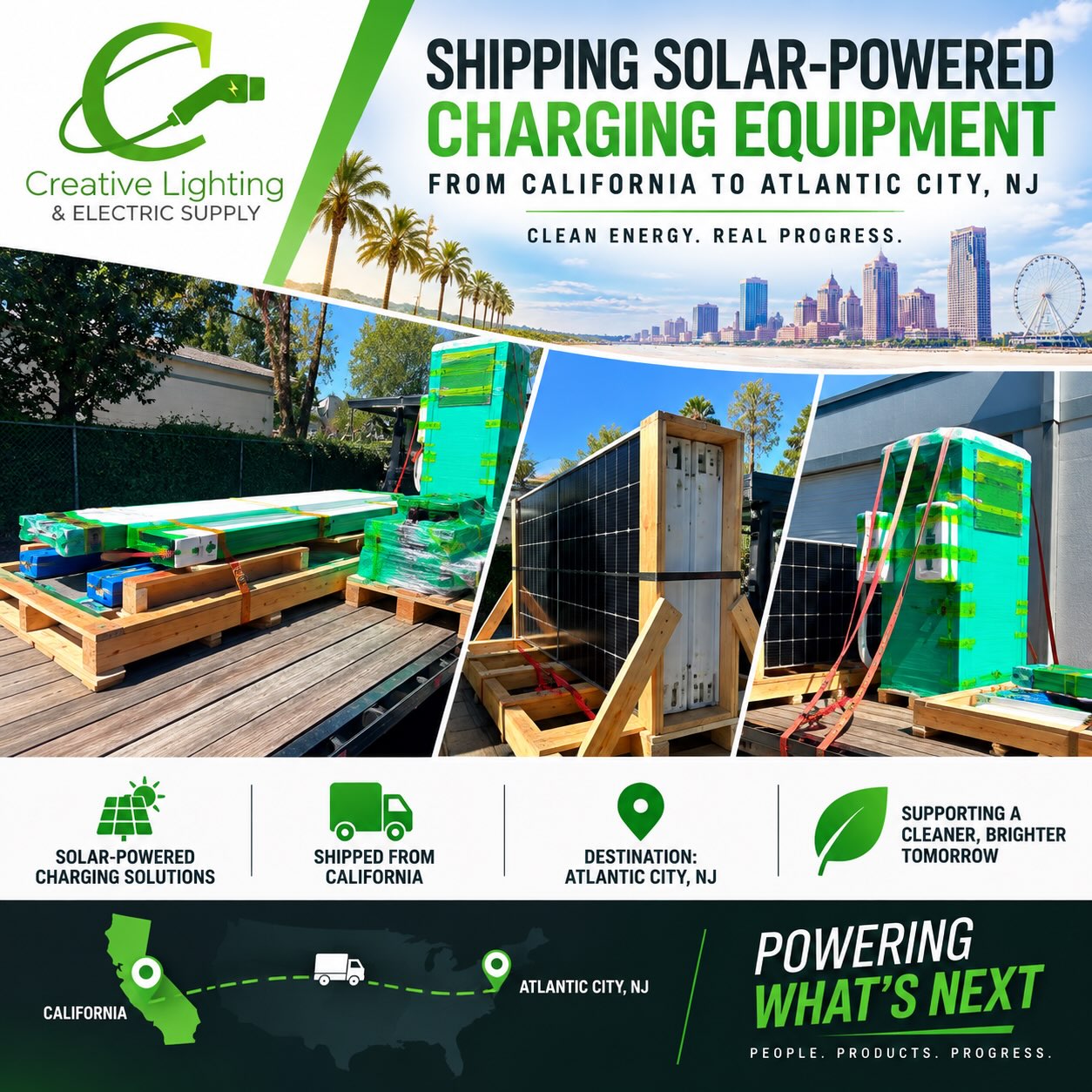 ⚡ Another solar-powered charging solution is on the move!
Creative Lighting & Electric Supply recently sold this solar-powered EV charging equipment to a customer in Atlantic City, New Jersey, with the equipment shipping all the way from California.
We’re actively looking to work with more customers nationwide who need EV charging solutions—from solar-powered systems and Level 2 chargers to DC fast charging equipment.
Have an upcoming project? Let’s talk.
📧 ryan.grandis@creativelightingllc.com
📞 (954) 504-8595
https://lnkd.in/eywFzGSD
#EVCharging #SolarPower #EVInfrastructure #EVSE #ElectricVehicles CleanEnergy CreativeLighting