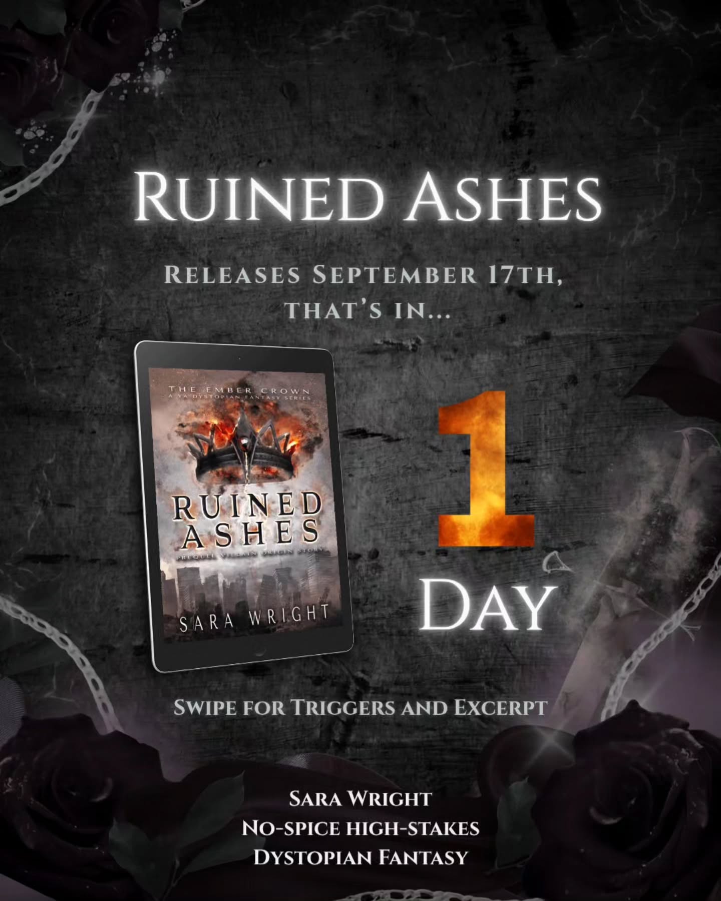 💥 TOMORROW is the BIG DAY 💥
Ruined Ashes is the emotional prequel villain origin novella in The Ember Crown YA Dystopian Fantasy series.
If you love fierce heroines, pulse-pounding suspense, and heartbreaking sacrifice, you’ll love the setup for the rest of the series.
YOU Will FIND:
💔 Emotional damage that forces Alyssa to rise
💔 A revolution that you WON'T route for
💔 Lots of running as Alyssa tries to save her people and escape
💔 A villain, you will DESPISE so much you'll have to read the rest of the series just to see his downfall.
YOU WON'T FIND:
🚫 Spice or really any romance because this is the villain's story, and he's a red flag
🚫 Profanity
🚫 No overly gratuitous gory descriptions of characters that perish
You can read this story today before it's out on retailers...
How?
👉Just join my newsletter and get it for FREE by commenting SPARK!
#sarawrightbooks #dystopianfantasy #fantasybooklover #scififantasybooks