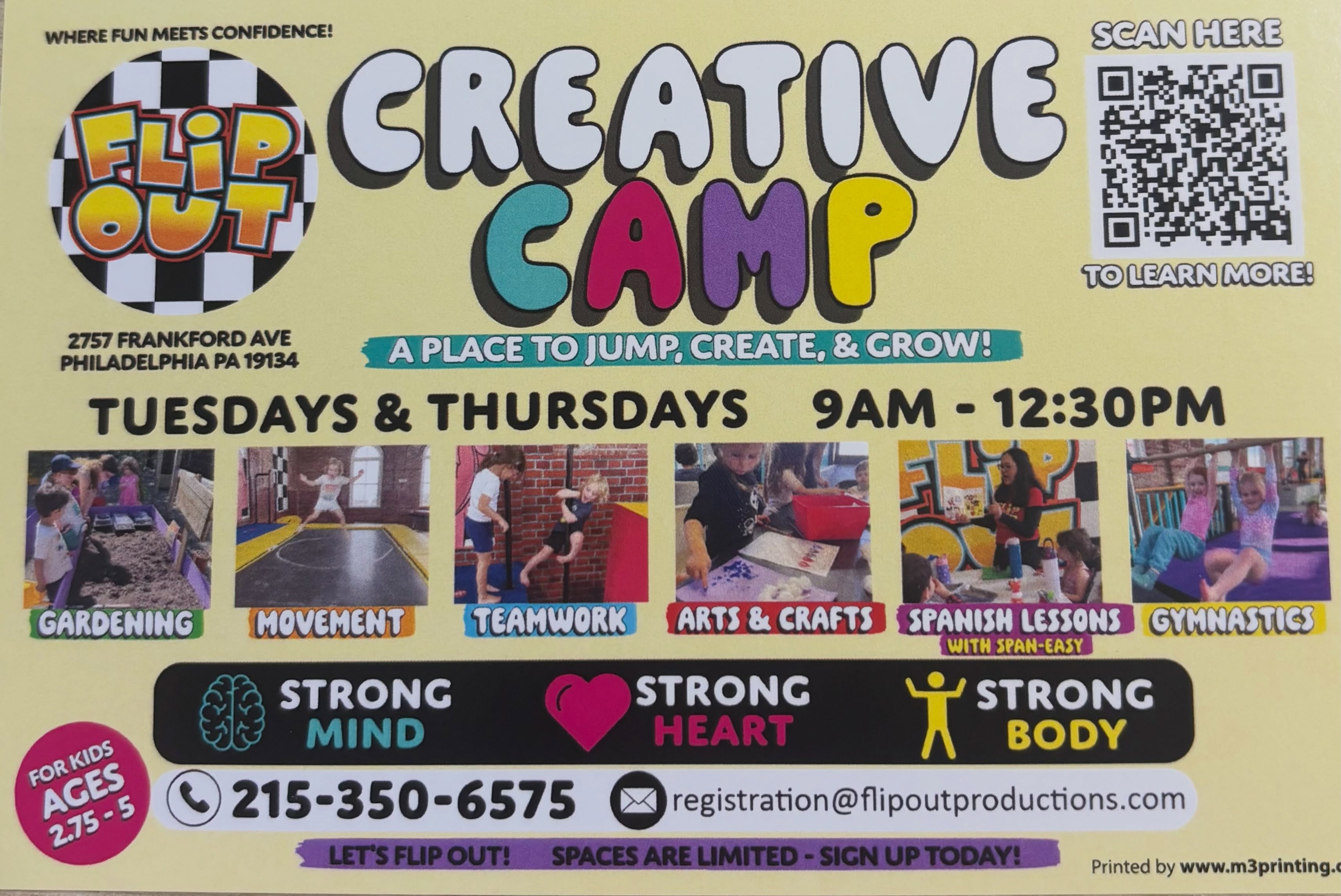 PHILLY PARENTS OF PRESCHOOLERS — THIS ONE’S FOR YOU! 👋💛
Looking for a weekday morning where your little one can MOVE, CREATE, LEARN & GROW?
✨ Creative Camp at Flip Out combines all the things little kids love into one fun-filled morning:
🤸 Gymnastics & movement
🎨 Arts & crafts
🌱 Gardening
💬 Spanish lessons
💕 Teamwork & friendship
⭐ Confidence-building fun!
📅 Tuesdays & Thursdays
⏰ 9:00 AM–12:30 PM
👧🧒 Ages 2.75–5
📍 2757 Frankford Ave, Philadelphia
Our Creative Camp is all about building Strong Minds, Strong Hearts & Strong Bodies while giving kids a place to jump, create, explore and be themselves. 💛
🚨 Spaces are limited — come join the fun!
👉 Scan the QR code or head to our website to learn more & register!
#CreativeCamp #PhillyKids #PhiladelphiaKids #PhillyParents #FishtownPhilly FishtownKids KensingtonPhilly PhillyMoms PhillyDads PreschoolActivities KidsActivitiesPhilly PhiladelphiaGymnastics FlipOutProductions