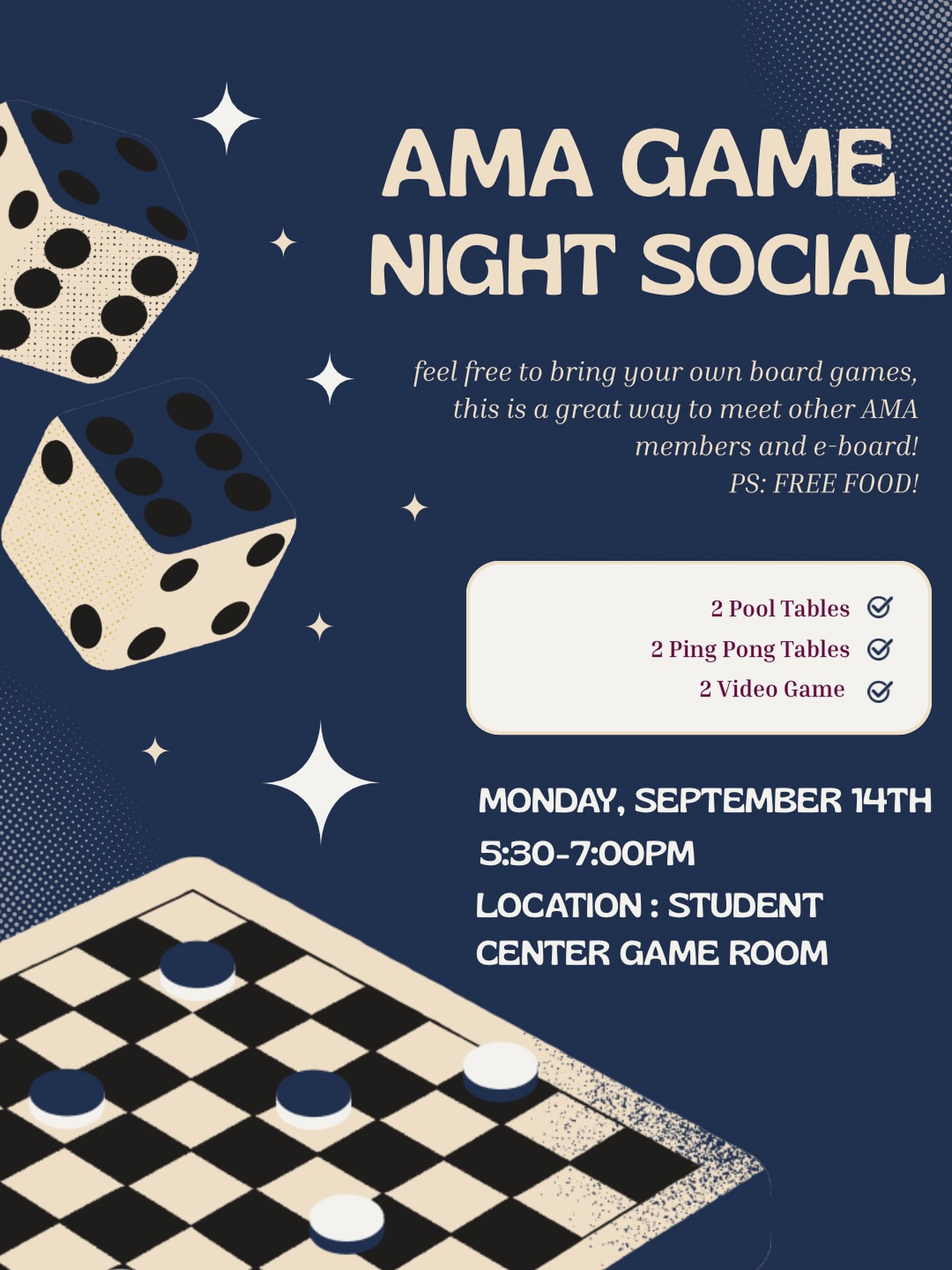 Hey Owls 🦉
Take a break from classes and come hang out with us at our AMA Game Night Social!
Meet fellow AMA members and e-board while playing pool, ping pong, video games, and more. Feel free to bring your own board games too! 🍒
And of course, there’ll be FREE FOOD! 🍕
See you there! 🎮🏓