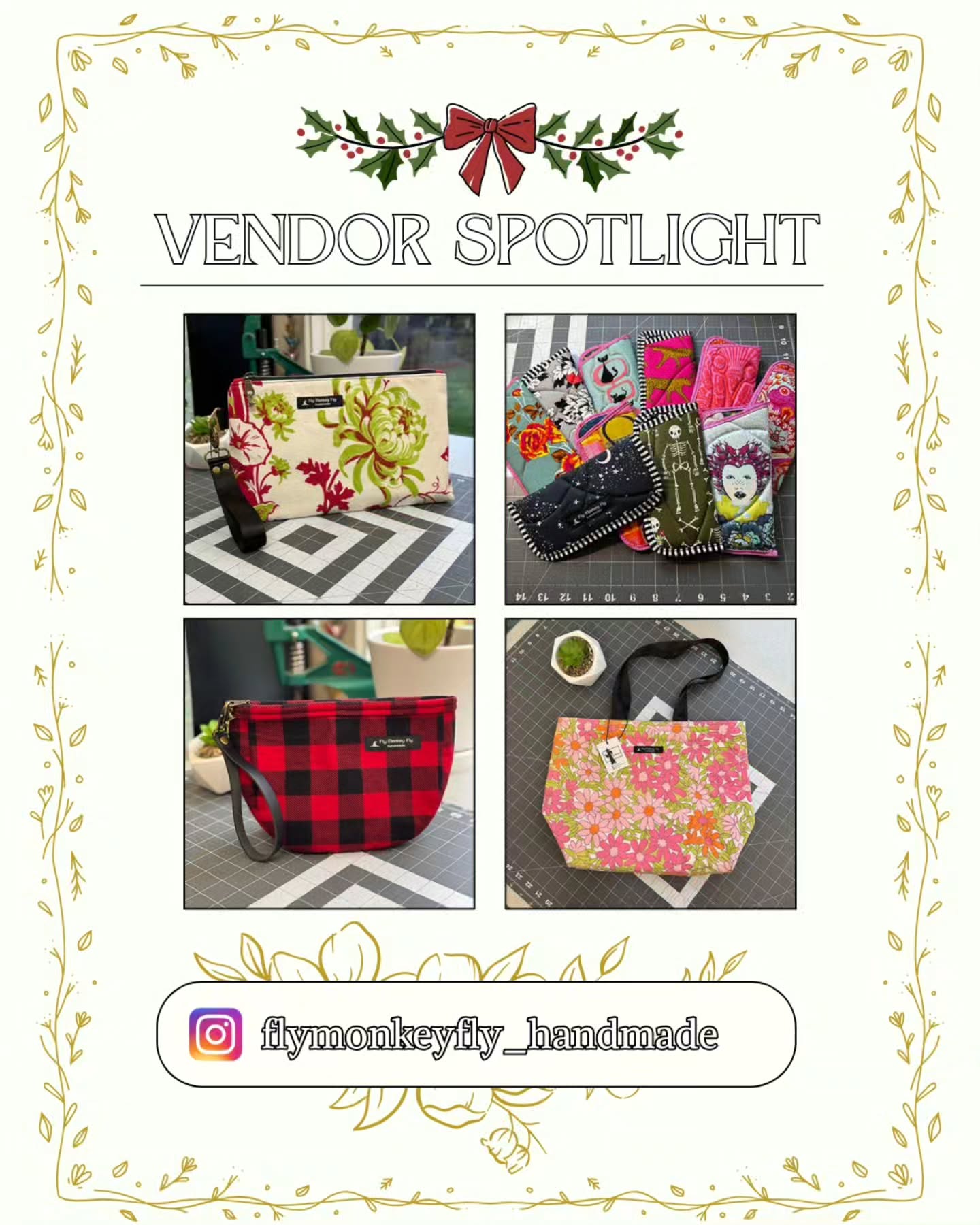 👋 Meet Fly Monkey Fly!
📍Located in Pullman, WA
💌 Here is a message from Jody:
“I got started sewing almost 30 years ago when my grandma taught me how to quilt. I did that for several years, and then found bags! I truly love finding fabulous fabric that I can turn into bags, purses and other items so that they can be enjoyed daily!”
👜 Meet Jody and check out her bags at the S’Wheat Farm Holiday Vintage Market!
November 13th at 5:30pm & 14th at 9:00am at Latah Fair Grounds.