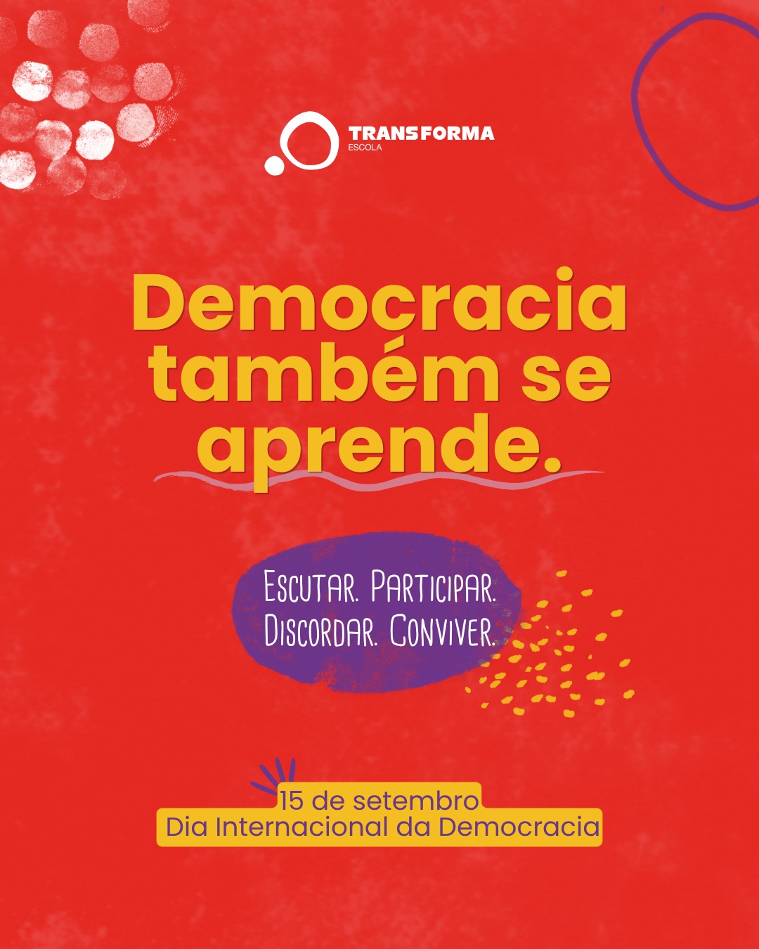 Democracia não acontece apenas nas urnas.
Ela também se constrói quando aprendemos a escutar, participar, sustentar ideias, conviver com diferenças e reconhecer que o outro também tem direito à voz.
Na escola, essas experiências fazem parte da formação de quem vai ocupar o mundo, fazer escolhas e participar da sociedade.
Neste Dia Internacional da Democracia, lembramos que educar para a autonomia também é educar para a participação, o diálogo e o respeito aos direitos de todos. 💛
#TransFormaEscola #DiaInternacionalDaDemocracia #EducaçãoParaADemocracia #PensamentoCrítico #ProtagonismoEstudantil