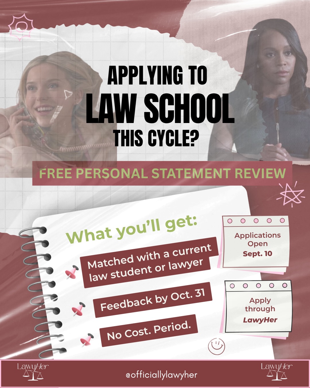 Applying to law school this cycle? You don’t have to perfect your personal statement alone. 💜
Applications are now open for LawyHer’s Community Personal Statement Review Program, where aspiring law students can be matched with a lawyer or current law student who will review their personal statement for free🥳
Our goal is simple: make quality application support more accessible while giving applicants another set of eyes on one of the most important pieces of their application.
📝 Applications open September 10
🎃 Feedback provided by October 31
💜 Completely free
Link in bio to apply!
Spots will depend on reviewer availability, so applying early is recommended!
#lawyher #personalstatement #prelaw