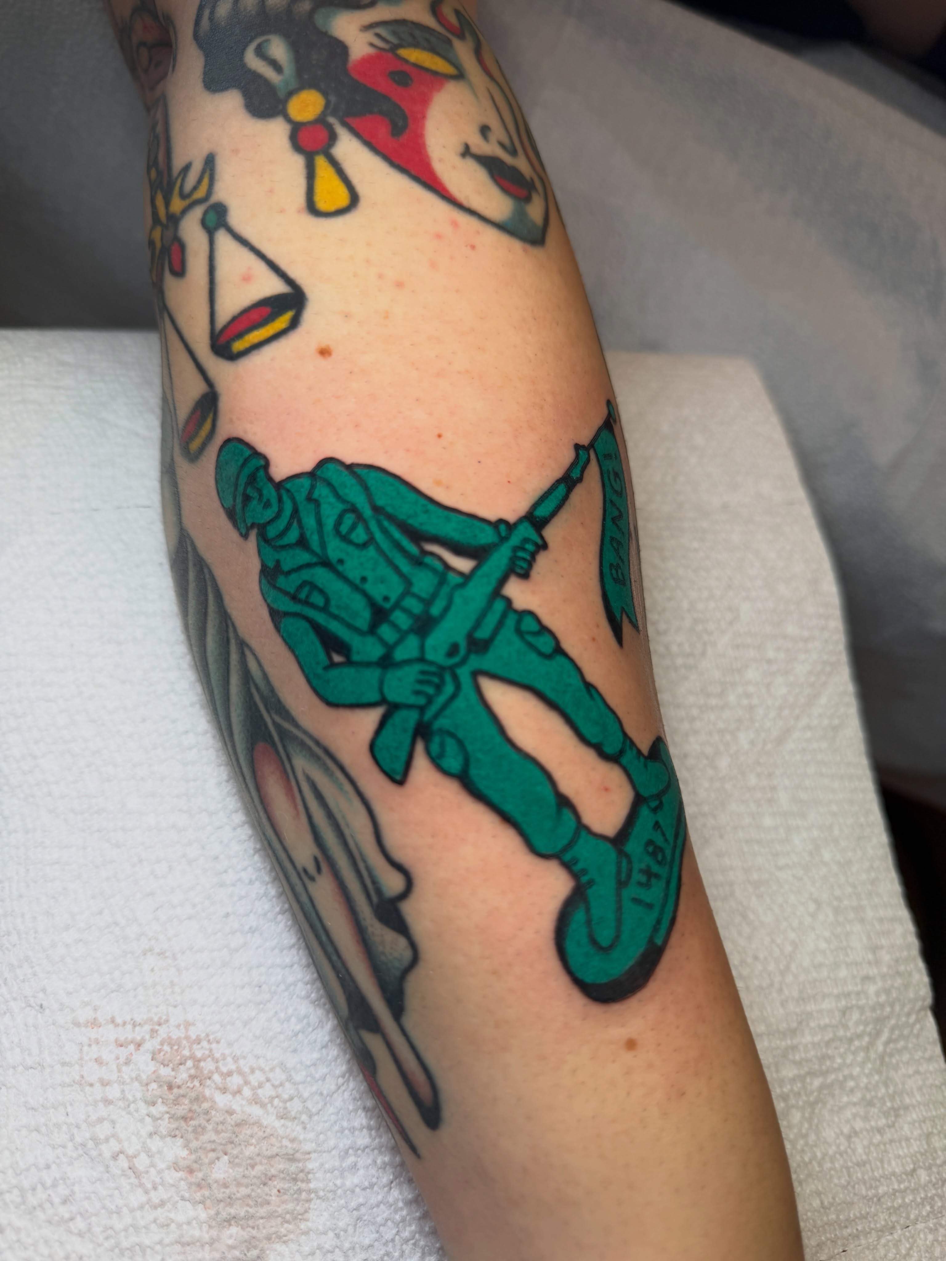 Green army man for Hailey by @bbycakestattoo! Thanks for letting us capture a bit of childhood nostalgia , fill out Megan’s form on our website if you’ve been thinking about getting tattooed!