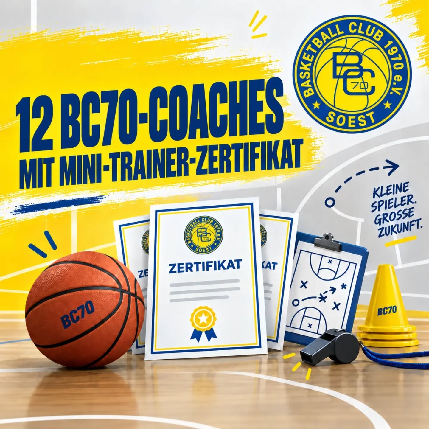 🏀 Starke Sache: Zwölf Coaches des BC70 Soest haben das Mini-Trainer-Zertifikat erworben.
Beim Lehrgang in der Sporthalle des Aldegrevergymnasiums ging es unter anderem um Aufwärmen, methodische Übungsreihen, Spielformen und viele praktische Ideen für das Training mit unseren Nachwuchsteams.
Ein großes Dankeschön an Lehrgangsleiter Michael Wasilewski für die vielen Impulse – und an Sabine Theis für die Organisation dieses Tages.
Herzlichen Glückwunsch an alle Teilnehmenden! 🙌
#wirsindbc70 #bc70soest #basketball #nachwuchsbasketball #vereinsleben