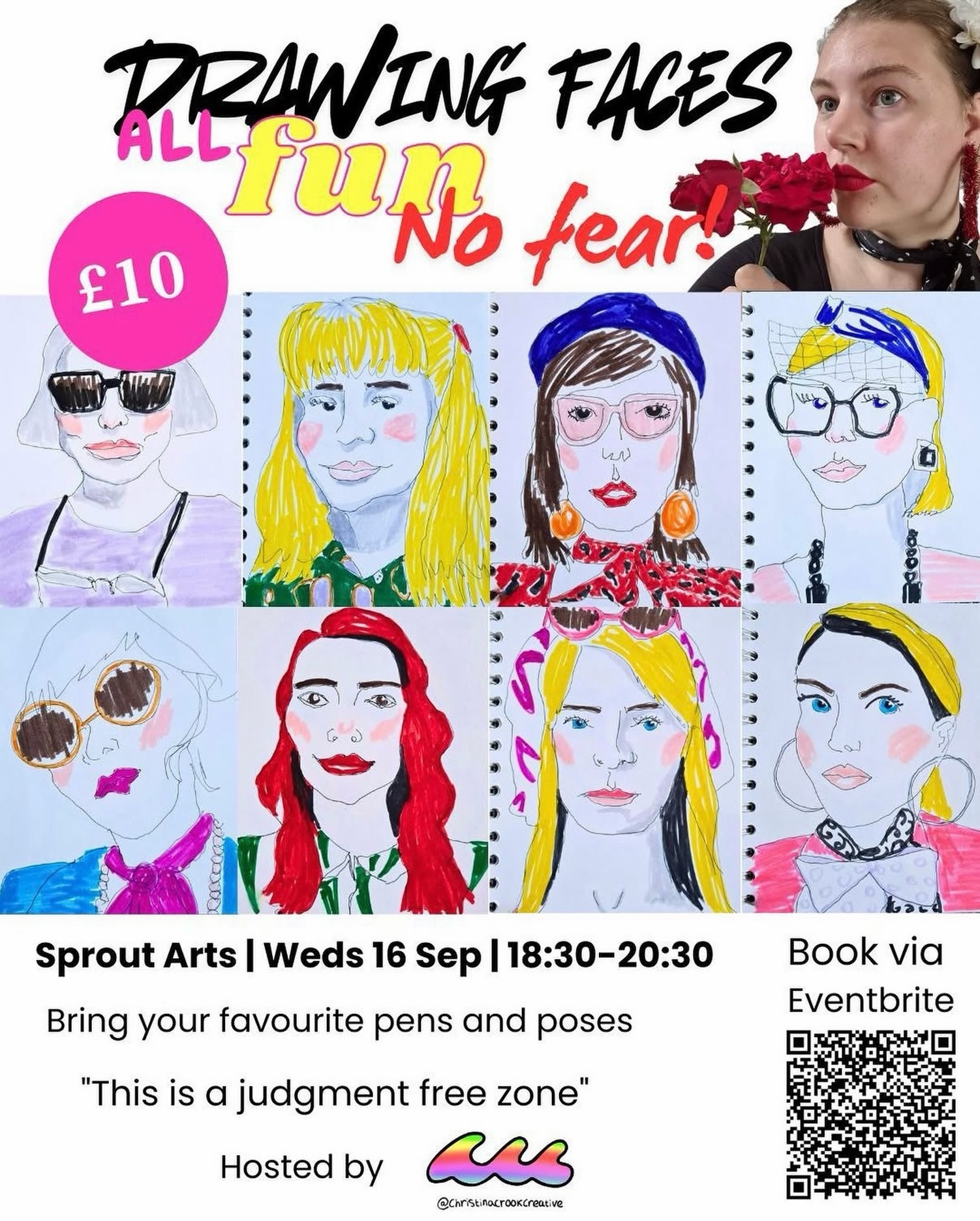 Last few tickets to join artist Christina Cook @ChristinaCrookCreative for a fun and playful evening of portrait drawing. Tickets are just £10 available via eventbrite, you can scan the QR code or use the link in Bio. The session will include warmups to get you out of your head and into your drawing, followed by everyone getting a chance to pose while the group draws you. All abilities welcome – let’s get drawing!