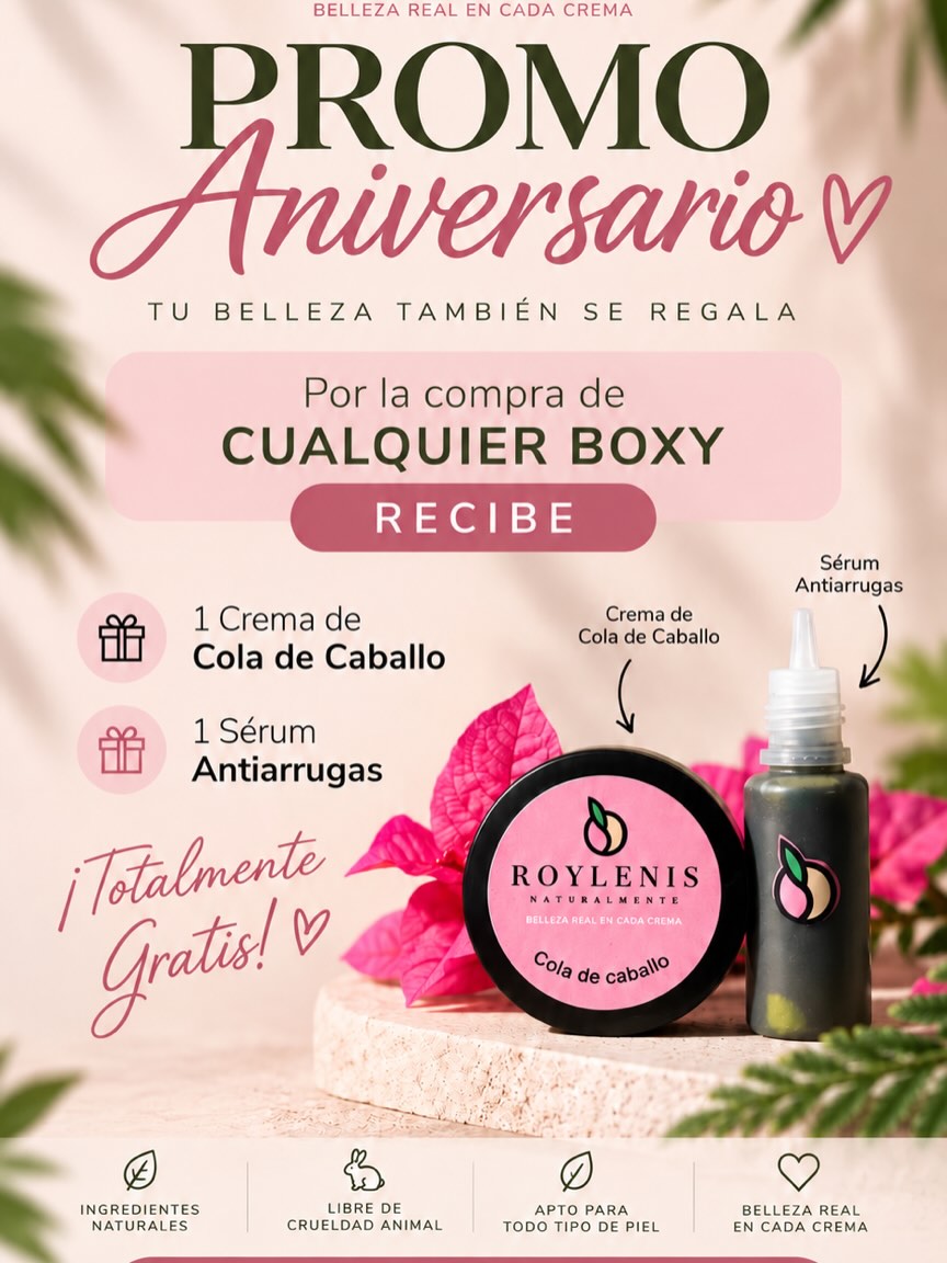🎉 ¡Estamos de Aniversario en Roylenis!
Del 14 al 30 de septiembre celebramos con precios especiales y regalitos para consentirte. 💕✨
🌿 Boxy Clásico: $180 ➡️ $170
🌸 Boxy Gold: $200 ➡️ $190
💗 Boxy Premium: $270 ➡️ $260
🎁 ¡Y tu compra también incluye regalos!
Con la compra de cualquiera de nuestros Boxy recibes TOTALMENTE GRATIS:
✨ 1 Crema de Cola de Caballo
✨ 1 Sérum Antiarrugas
🇺🇸 ¡Atención, clientas de Estados Unidos! Nuestros productos están libres de impuestos de importación hacia EE. UU., así que es el momento perfecto para aprovechar nuestra Promo Aniversario. ✈️📦
📲 Haz tu pedido por WhatsApp:
+507 6821-7018
🛍️ O compra directamente en nuestra página web:
cremasroylenis.com/productos