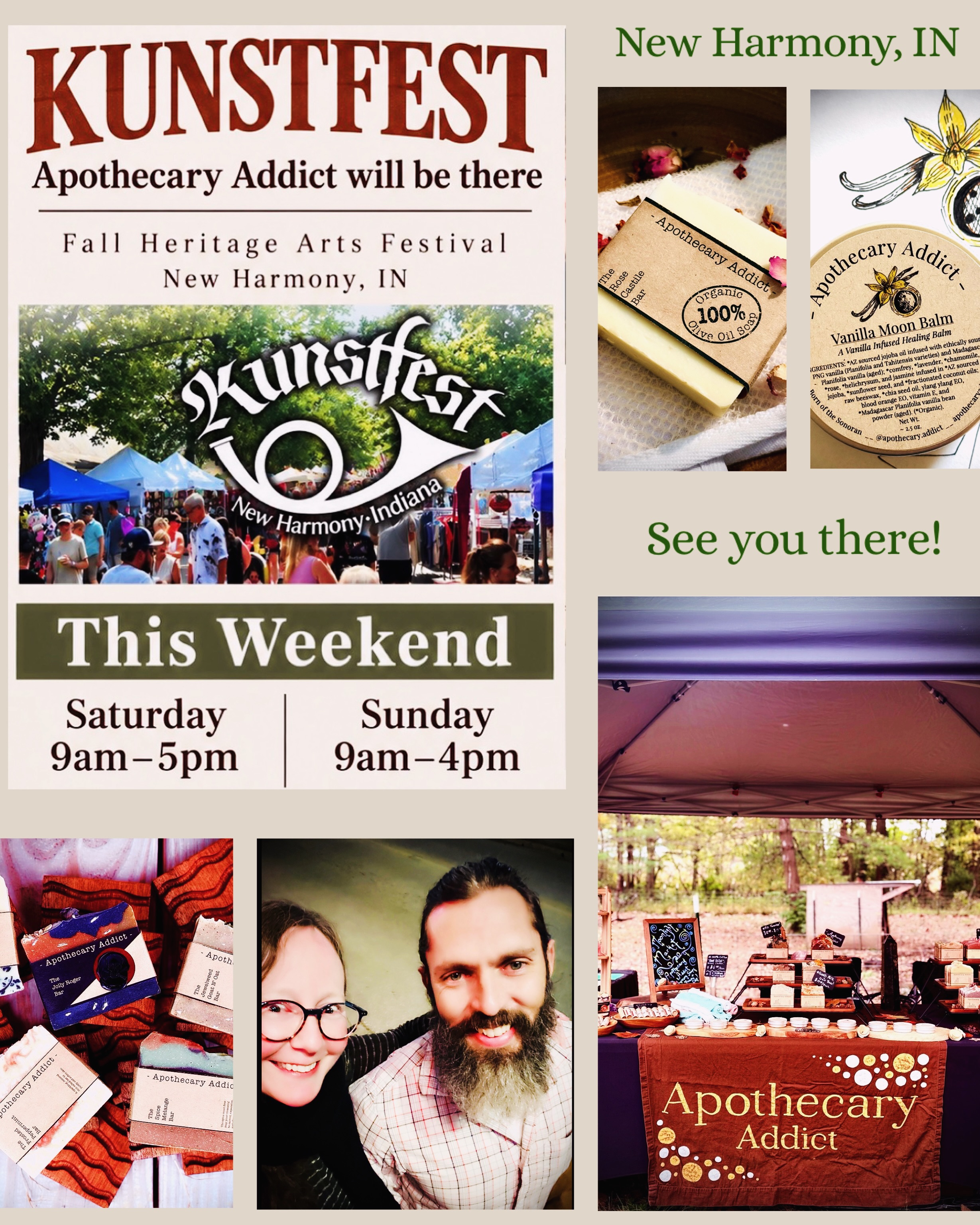 ✨⚗️🧼🫧🤘🌿 **APOTHECARY ADDICT WILL BE AT KUNSTFEST THIS WEEKEND!** 🤘🫧🧼🌿✨
This weekend, I’m carefully and lovingly packing up my botanical bars, salves, balms, skincare, and all that small-batch goodness and heading to **New Harmony, Indiana** for one of the town’s biggest fall traditions:
🍂 **KUNSTFEST: Fall Heritage Arts Festival** @visitnewharmony
📍 **Historic District • New Harmony, IN**
🗓 **Saturday, September 19 • 9AM–5PM**
🗓 **Sunday, September 20 • 9AM–4PM**
Wander the historic streets and explore a weekend filled with **200+ food & craft vendors**, handmade goods, live entertainment, German food, historical demonstrations, antiques, family fun, and plenty of creative magic. 🎨🖌️🖼️
And somewhere among all that Kunstfest goodness… you’ll find **Apothecary Addict**. 🖤🌿
Come smell my soaps, discover your next favorite balm, pick up your old favorites, and explore my latest skincare creations. Take home a little everyday alchemy — all handcrafted in small batches with premium natural and botanical ingredients, intention, quality, and care. ✨⚗️
🌱 Woman-owned
♻️ Eco-conscious
🧼 Handcrafted cold process soap
🌿 Botanical salves + balms
✨ Thoughtfully formulated botanical skincare + body care
🎨 Made with an artisan spirit and a little botanical magic
Bring your friends, make a day of it, eat something delicious, wander the historic district, admire the art and handmade treasures, and come say hello. I’d love to see some familiar faces at the booth. 🍂✨
**September 19 + 20 | New Harmony, Indiana | Historic District**
See you at Kunstfest. 🌿🧪🎨
#ApothecaryAddict #Kunstfest #NewHarmonyIndiana #BotanicalSkincare #ShopSmall