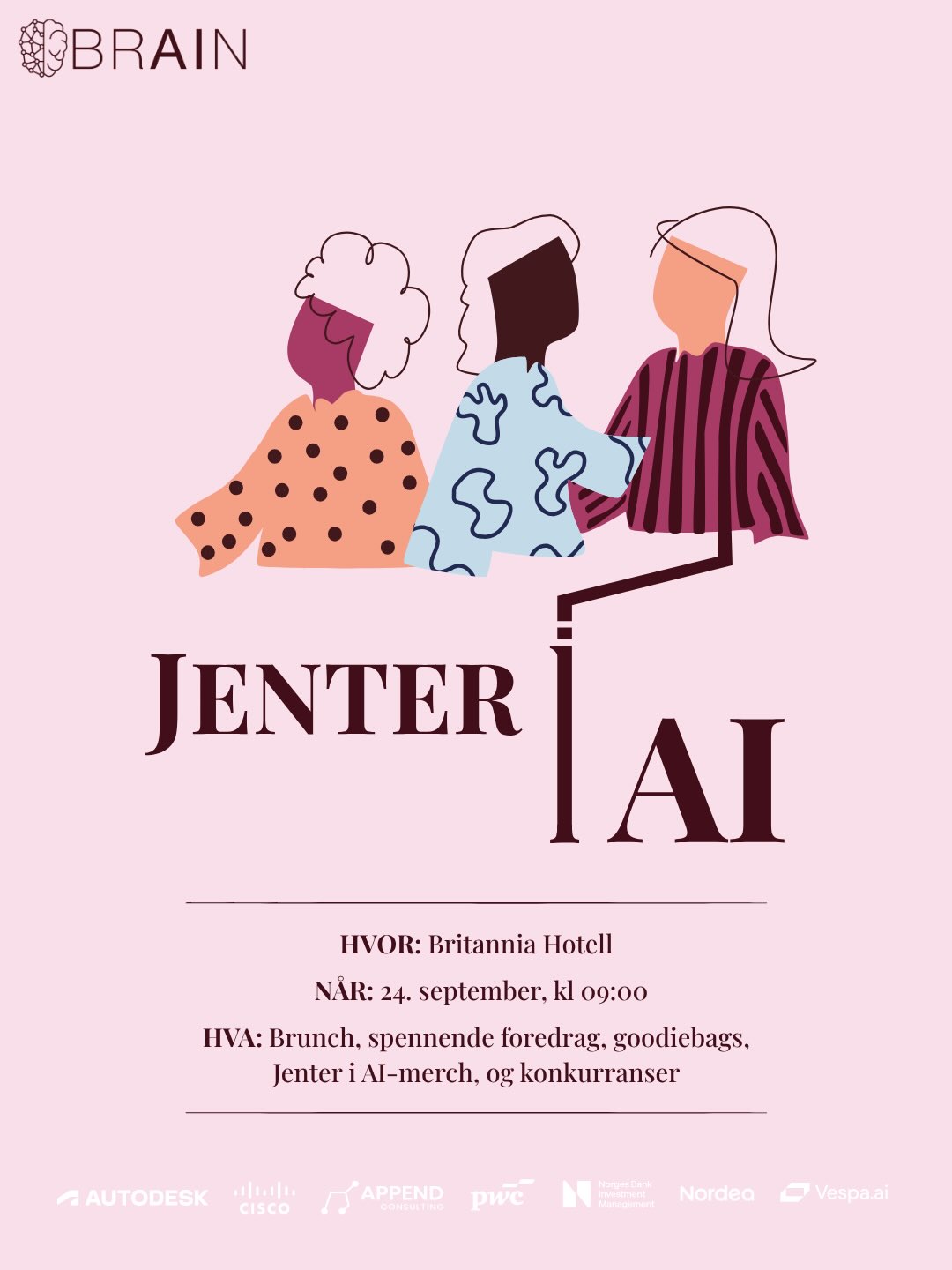 Er du nysgjerrig på kunstig intelligens og ønsker å vite mer om hvordan suksessfulle kvinner jobber innenfor denne bransjen?
Den 24. september arrangerer vi Jenter i AI på Britannia hotel 💕
Nyt en nydelig brunsj buffé mens du hører på inspirerende foredrag fra kvinnelige aktører i næringslivet. Påmelding åpner 17.september kl 12.00⏱️
For de som liker å starte dagen med ro og samhold, inviterer ODA young til en nybegynner yoga økt på 3T Midtbyen før hovedarrangementet 🌅