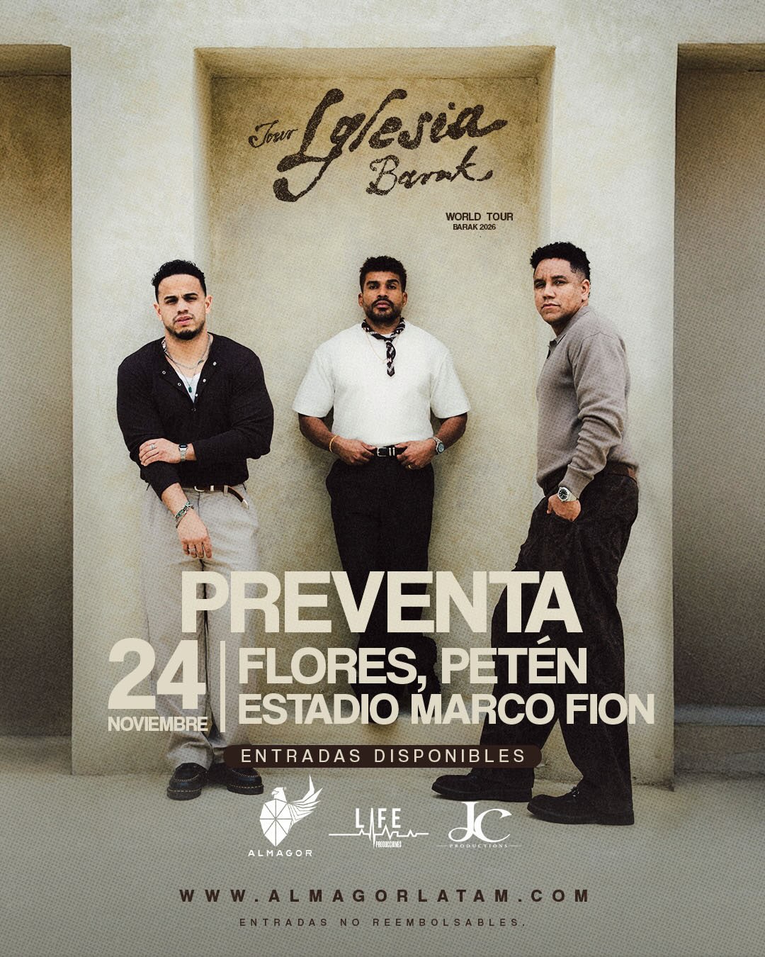 ¡BARAK POR PRIMERA VEZ EN PETÉN! ✈️🇬🇹
World Tour “Iglesia” llega a Flores, Petén este donde tendremos una noche de adoración junto a @grupobarak
VIP: Q199
General: Q99
📍Estadio Marco Antonio Fion Ochaeta
🗓️ Martes 24 de noviembre, 6 PM
Puedes adquirir tus entradas en nuestro sitio web www.almagorlatam.com
¿Tienes dudas o consultas? Escríbenos a nuestro WhatsApp +(502) 3048-3571
¡TE ESPERAMOS EN PETÉN! ✈️
*Precio de preventa válido hasta el 8 de octubre o hasta agotar existencias, luego tendrá un incremento de precio*