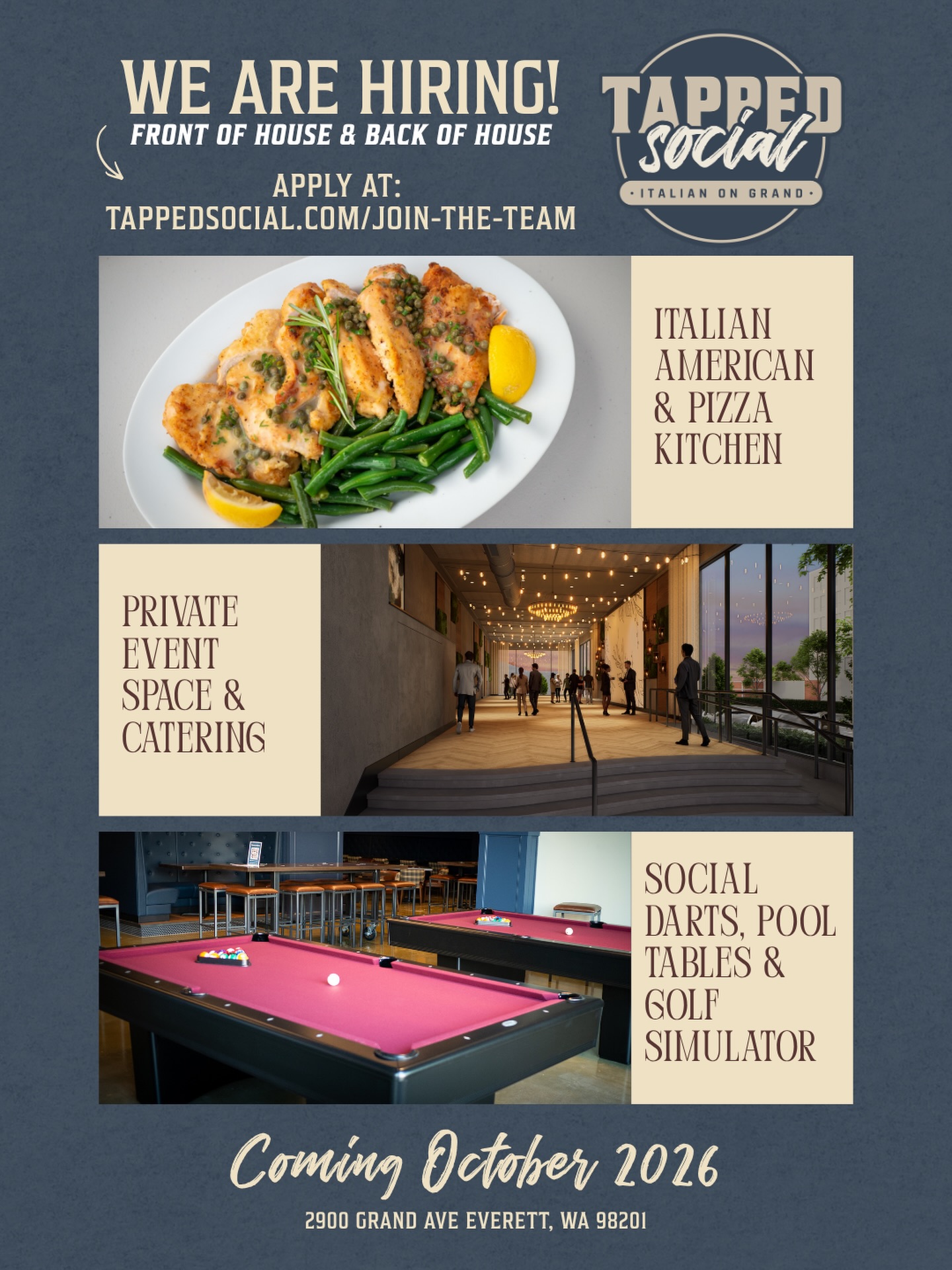 A new place to eat, drink, gather, and play is coming to Grand Ave in Everett this October.
Tapped Social — Italian on Grand is bringing scratch-made Italian American food, pizza, drinks, and plenty of ways to hang out. Pool tables, social darts, a golf simulator, sports on tv, a private event space, and the same hospitality you know from Tapped.
We’re building the team now and looking for Front of House & Back of House team members to join us for the opening.
If you’re interested in being part of something new, apply at tappedsocial.com/join-the-team.
And if you haven’t already, go follow @tappedsocialitalian — we’ll be sharing more info starting this week up until we open.
2900 Grand Ave • Everett, WA