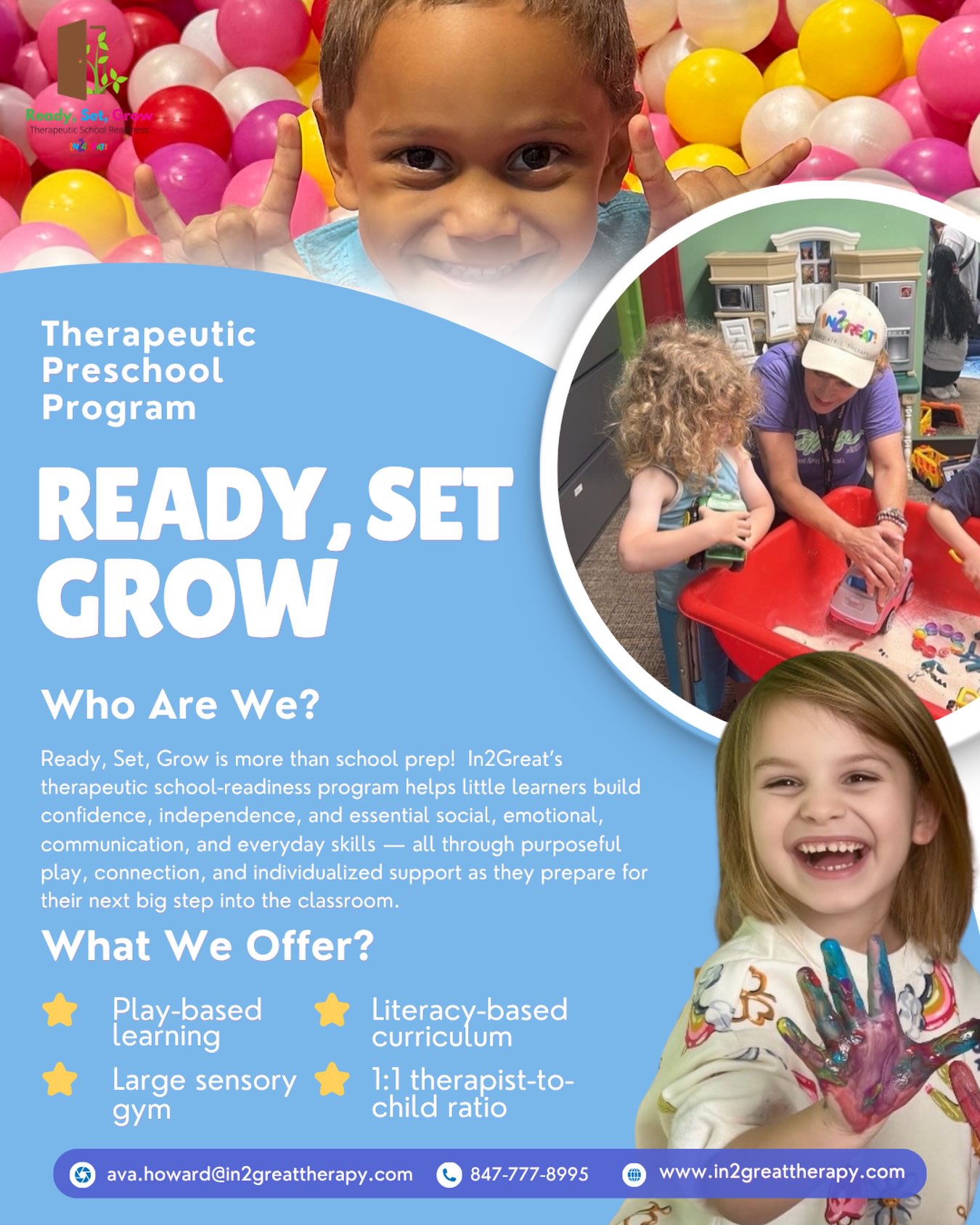 🍎 Little learners. Big possibilities. 🌱
Every child grows at their own pace, and at Ready, Set, Grow Therapeutic Preschool, we’re here to support every step of their journey!
Through purposeful play, individualized support, and a nurturing environment, our school readiness program helps children build confidence, independence, and the foundational skills they need to thrive in the classroom and beyond. 💛
Whether your little one is preparing for preschool, kindergarten, or could benefit from additional developmental support, we’re here to help them grow!
✨ Ready to take the next step? Visit our website to learn more about Ready, Set, Grow and inquire about enrollment opportunities!
#ReadySetGrow #In2GreatPediatricTherapy #TherapeuticPreschool #SchoolReadiness #EarlyChildhoodDevelopment