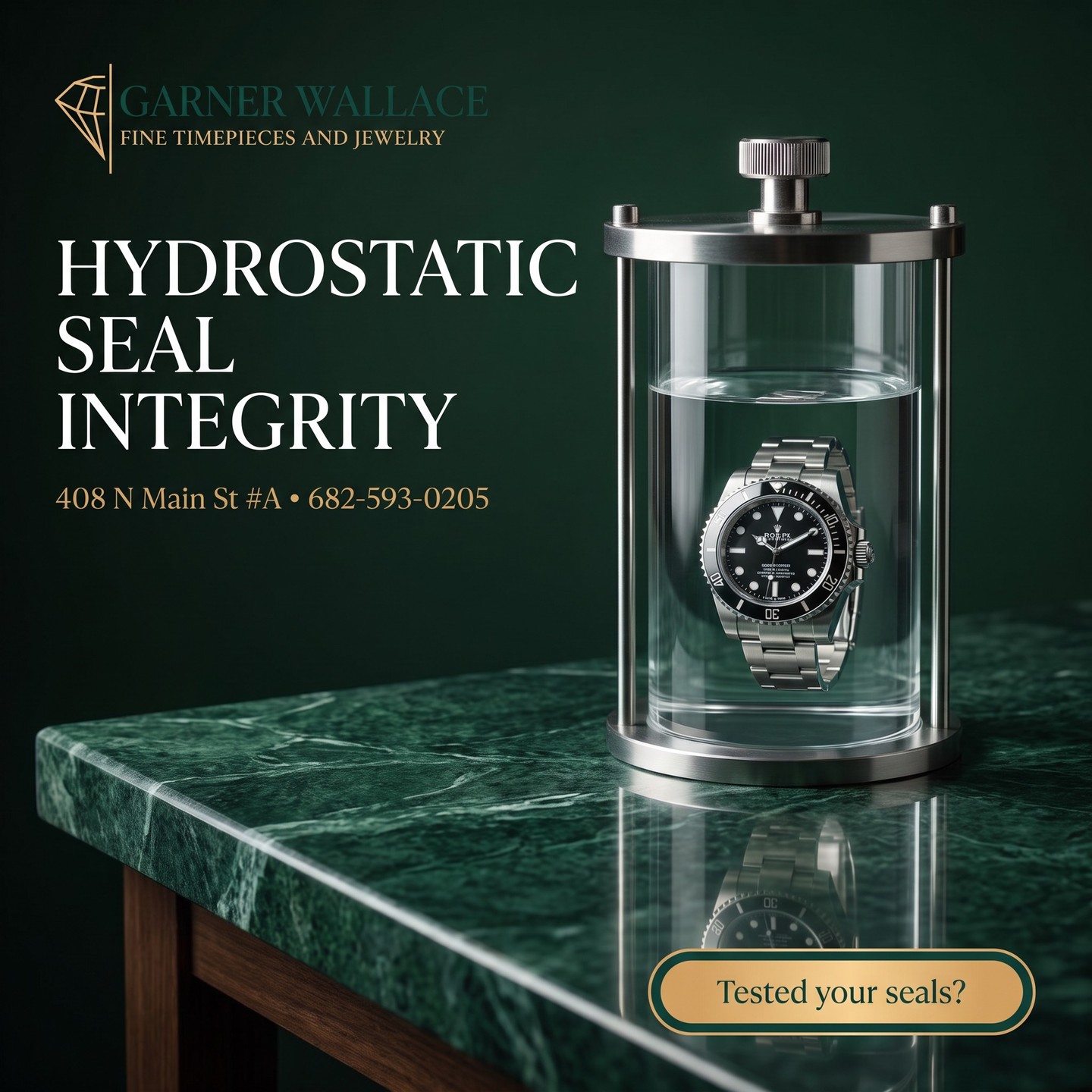 Ensuring your luxury timepiece remains water-resistant is vital for longevity. Over time, internal gaskets can degrade, compromising your watch's protection against moisture and dust. Our professional hydrostatic testing simulates deep-sea pressure in a controlled chamber, verifying the integrity of your seals without risking your watch. Precision is our priority, ensuring your timepiece stays protected during everyday wear or professional diving. Don’t wait for condensation to appear. Visit us for an expert assessment to maintain your watch's factory standards.
Garner Wallace
408 N Main Street, Suite A, Keller, TX
682-593-0205
Walk-ins welcome.
Tested your seals?
#jewelrydesigner #personalizedjewelry #gemstonejewelry #naturalgemstones #vintagewatch #preownedrolex #GarnerWallace #KellerTX #CustomJewelry