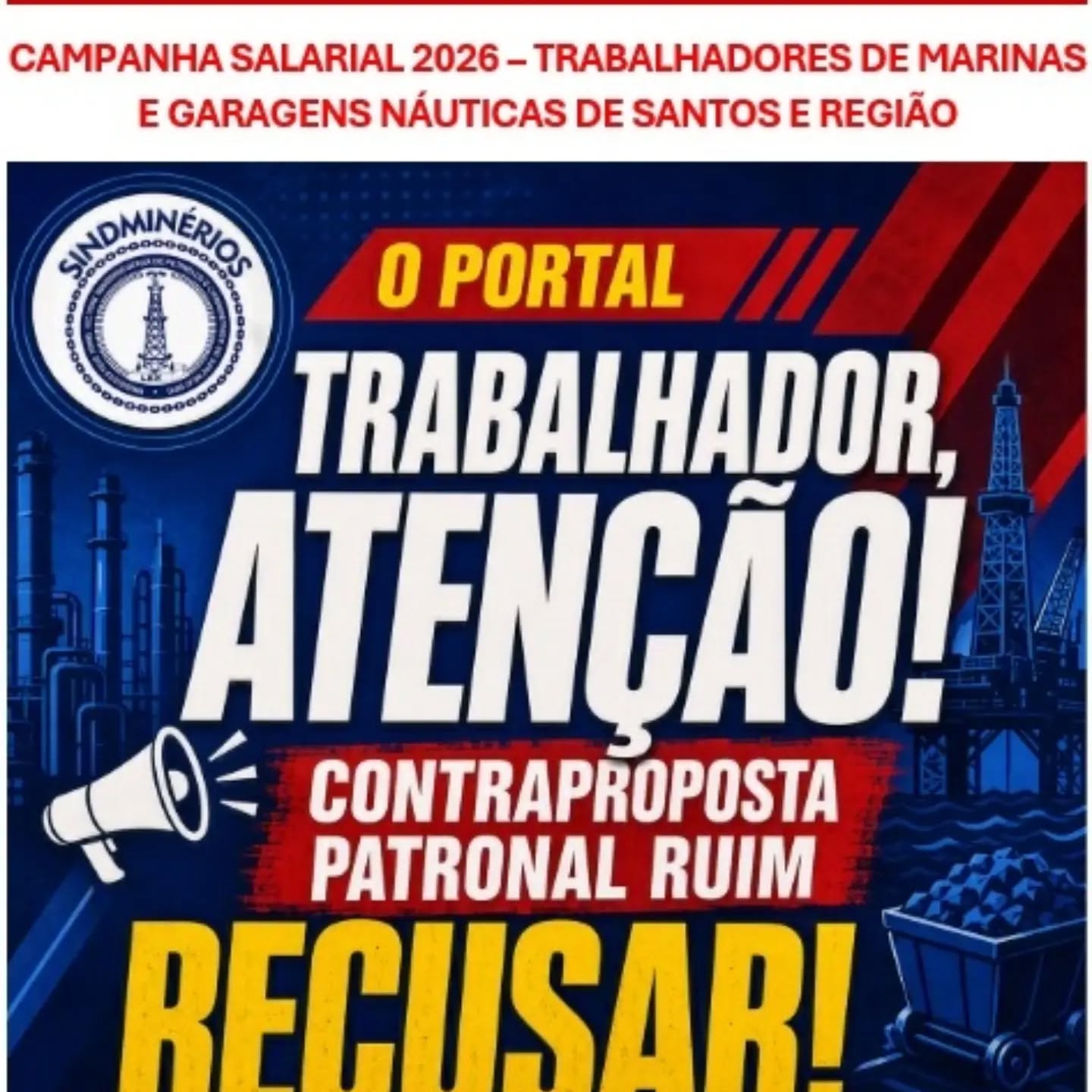 Trabalhadores de marinas e garagens náuticas, são injustiçados na campanha salarial 2026.
Os patrões encaminharam contra proposta respondendo a pauta de reivindicações dos Trabalhadores de marinas e garagens náuticas de Santos e região.
A contraproposta ofende a honra e o bom senso dos trabalhadores desse segmento.
Acompanhe todas as publicações para tomarem conhecimento da injustiça proposta pelos patrões.
JUNTOS SOMOS MAIS FORTES