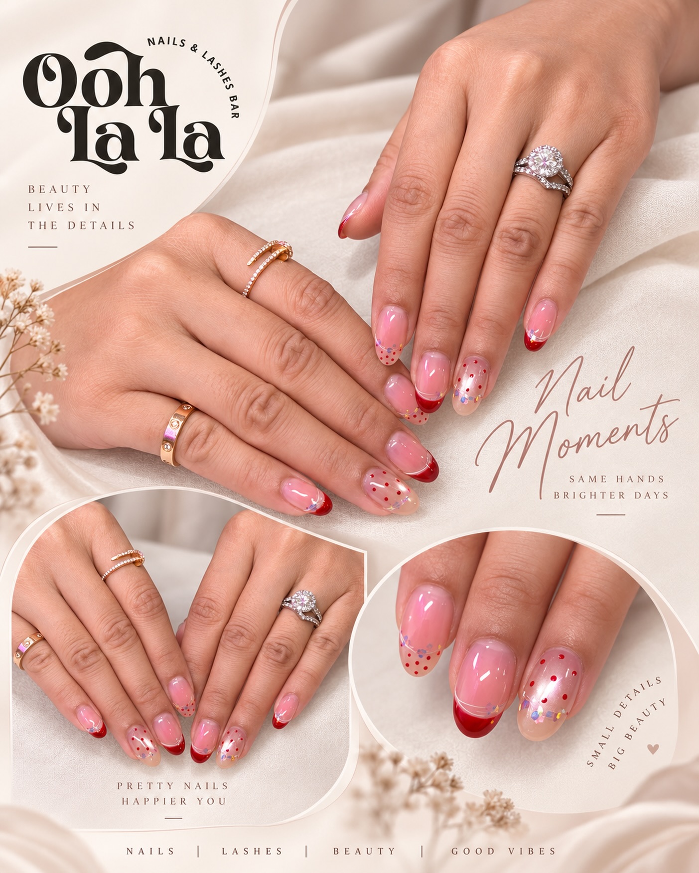 β¨ Nail moments that make you feel extra beautiful! π
π»β¨
Elegant pink nails, glossy finishes, delicate details & a touch of red β the perfect set for your next nail moment. πβ€οΈ
Because beauty lives in the details. π€
Pretty nails β’ Happier you β’ Good vibes only β¨
π² Appointments & enquiries:
WhatsApp/Call: 80712924
π Ooh La La Nails & Lashes Bar
π
π» Nails | Lashes | Beauty
DM us or WhatsApp to book your appointment today! π
#OohLaLaNails #NailMoments #NailArt