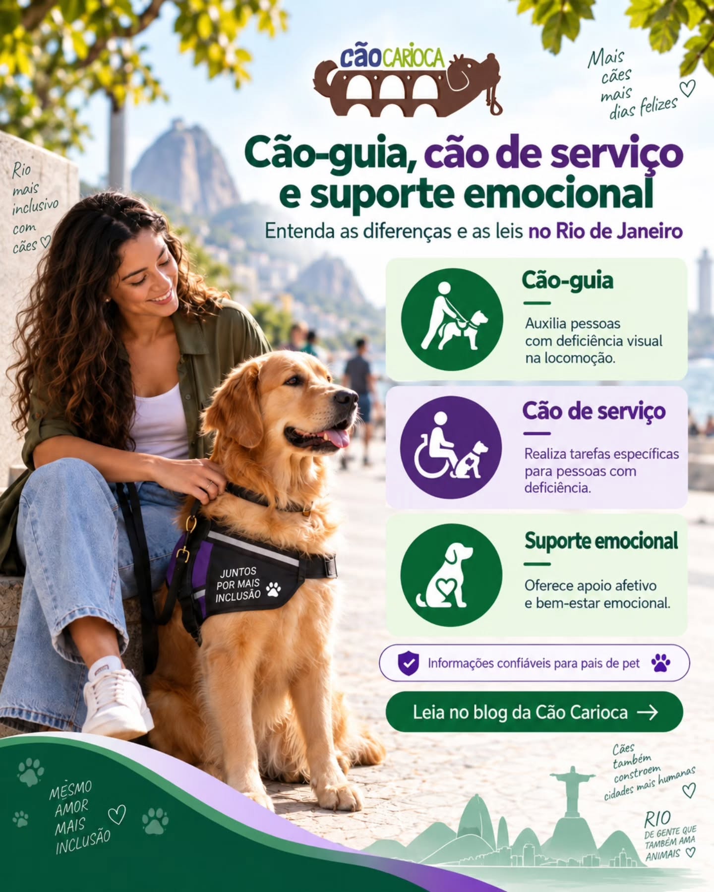 🐕🦺 Cão-GUIA, CÃO DE SERVIÇO OU SUPORTE EMOCIONAL: você sabe a diferença?
Não é só colocar um colete. 💜💚
Quando um cão acompanha uma pessoa em diferentes ambientes e desempenha uma função de assistência, existe por trás disso responsabilidade, comportamento adequado, treinamento e, dependendo da categoria, requisitos legais específicos.
🦮 Cão-guia: é especialmente treinado para auxiliar pessoas com deficiência visual.
🐕🦺 Cão de serviço: é preparado para executar tarefas específicas relacionadas às necessidades de seu usuário.
💚 Cão de suporte emocional: oferece suporte terapêutico e emocional e, no Estado do Rio de Janeiro, possui regulamentação específica.
Mas existe algo que todas essas situações nos fazem lembrar:
O bem-estar e o comportamento do cão também importam.
Um animal que precisa acompanhar seu tutor em ambientes movimentados deve aprender a lidar de maneira equilibrada com pessoas, outros cães, ruídos, deslocamentos e diferentes estímulos.
Obediência, condução adequada na guia, autocontrole, socialização e avaliação comportamental fazem parte dessa preparação.
E nem todo cachorro terá necessariamente o perfil adequado para essa função. Respeitar os limites individuais do animal também é cuidar. 🐾
Na Cão Carioca, trabalhamos com avaliação comportamental e treinamento profissional, ajudando cães e tutores a desenvolverem as habilidades necessárias para uma convivência mais segura e equilibrada.
⚠️ Importante: a Cão Carioca não comercializa licenças, laudos ou autorizações de cães de assistência. Quando houver certificação ou documentação exigida, ela deverá seguir as normas dos órgãos competentes e, quando aplicável, a indicação dos profissionais responsáveis.
Nosso trabalho está onde realmente podemos contribuir:
Na preparação do cão. 💜💚
Quer entender melhor as diferenças entre cão-guia, cão de serviço e cão de suporte emocional no Rio de Janeiro?
📲 Preparamos uma matéria completa no nosso blog, explicando legislação, treinamento e os principais cuidados.
Leia no blog da Cão Carioca em nosso site oficial — link na bio.
Cão Carioca | comportamento, informação e cuidado responsável. 🐾
#CãoCarioca #CãoDeSuporteEmocional