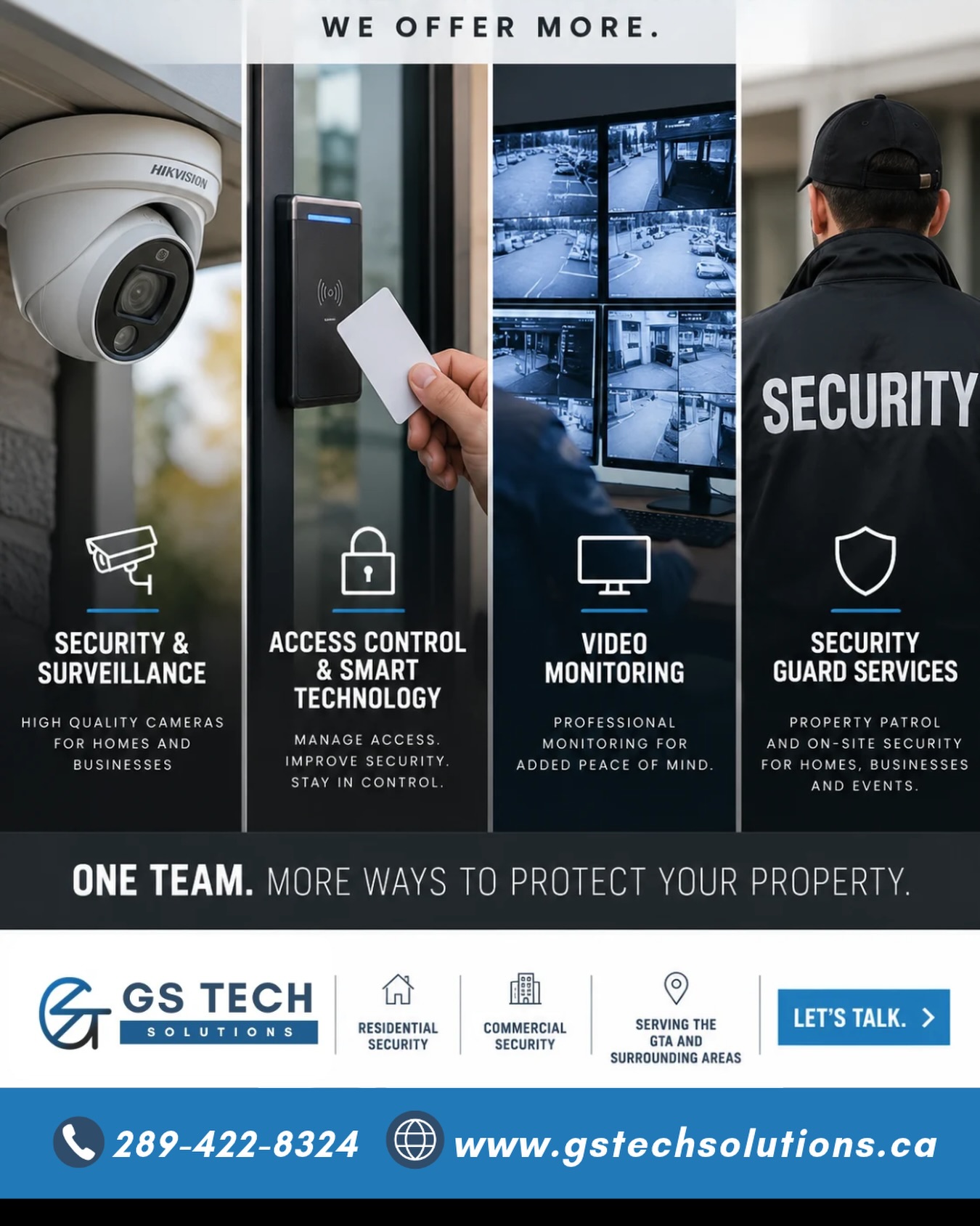 Cameras are only one piece of a complete security strategy.
GS Technical Solutions offers solutions for homes and businesses that can include surveillance, access control, alarm and video monitoring, smart technology, and security guard services.
Every property is different and your security should be too.
đ˛ Tell us what you need to protect, and weâll help you determine the right solution.
#SecuritySolutions #VideoMonitoring #AccessControl #BusinessSecurity #GSTechSolutions