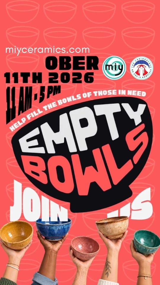 🍲 EMPTY BOWLS 2026 🍲
Sunday, October 11 | 11 AM–5 PM
Pick a bowl. Enjoy a meal. Support an artist. Help feed someone in need. ❤️
Join us at MIY Ceramics & Glass Studio for a day of pottery, food, community, and doing some good while we’re at it.
Our instructors, artists, and members have handmade an amazing collection of one of a kind bowls, and you get to choose your favorite! Come anytime between 11 AM and 5 PM, grab your bowl, enjoy a delicious buffet style lunch, and support a great cause.
A portion of the proceeds benefit Broward Outreach Center & The Caring Place, helping provide food and support to people in need in our community.
✨ $40 per person
🍲 Includes a handcrafted bowl + lunch
📅 Sunday, October 11 | 11 AM–5 PM
📍 MIY Ceramics & Glass Studio
6791 Taft St., Hollywood, FL 33024
📞 (954) 927 7300
🎟️ Tickets are available online!
Visit www.miyceramics.com to grab yours.
Come hungry. Pick a bowl. Eat something delicious. Do some good. Honestly, that’s a pretty solid Sunday. 😉
#EmptyBowls2026 #MIYStudio #MIYCeramics #HollywoodFL #SouthFlorida SupportLocalArtists FightHunger Ceramics Pottery CommunityThroughArt