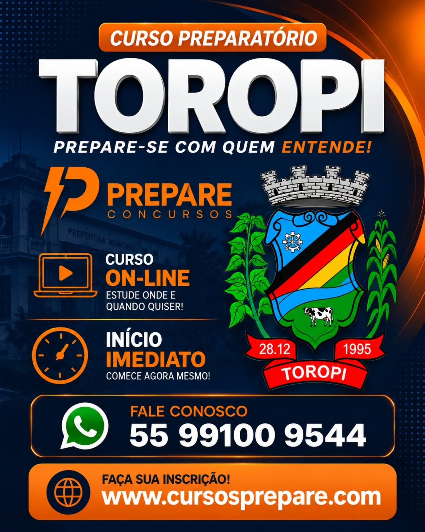 Garanta Sua Vaga no Concurso de Toropi!
Você sonha em conquistar a estabilidade de um cargo público? A oportunidade está batendo à sua porta! Apresentamos o Curso Preparatório Toropi, desenvolvido para quem quer chegar preparado e confiante no dia da prova.
Com a qualidade e a expertise da Prepare Concursos, você terá acesso a um material completo e focado no que realmente importa para garantir sua aprovação.
Por que escolher o nosso curso?
✅ Flexibilidade Total: Estude onde, quando e como quiser com nossas aulas 100% Online. Adapte o seu horário à sua rotina!
✅ Conteúdo Direcionado: Aprenda com quem entende do assunto. Nossas aulas são desenhadas para maximizar o seu aprendizado em menos tempo.
✅ Início Imediato: Não perca tempo! Matricule-se e comece a estudar hoje mesmo. Sua preparação não pode esperar.
Não deixe para depois a chance de transformar o seu futuro. Toropi está esperando por você!
Ficou com alguma dúvida? Fale com a gente!
📱 55 99100 9544 (WhatsApp)
Não perca tempo! Faça sua inscrição agora e dê o primeiro passo rumo à sua carreira pública:
🌐 www.cursosprepare.com
Prepare-se com quem entende. Prepare-se com a Prepare! 🚀