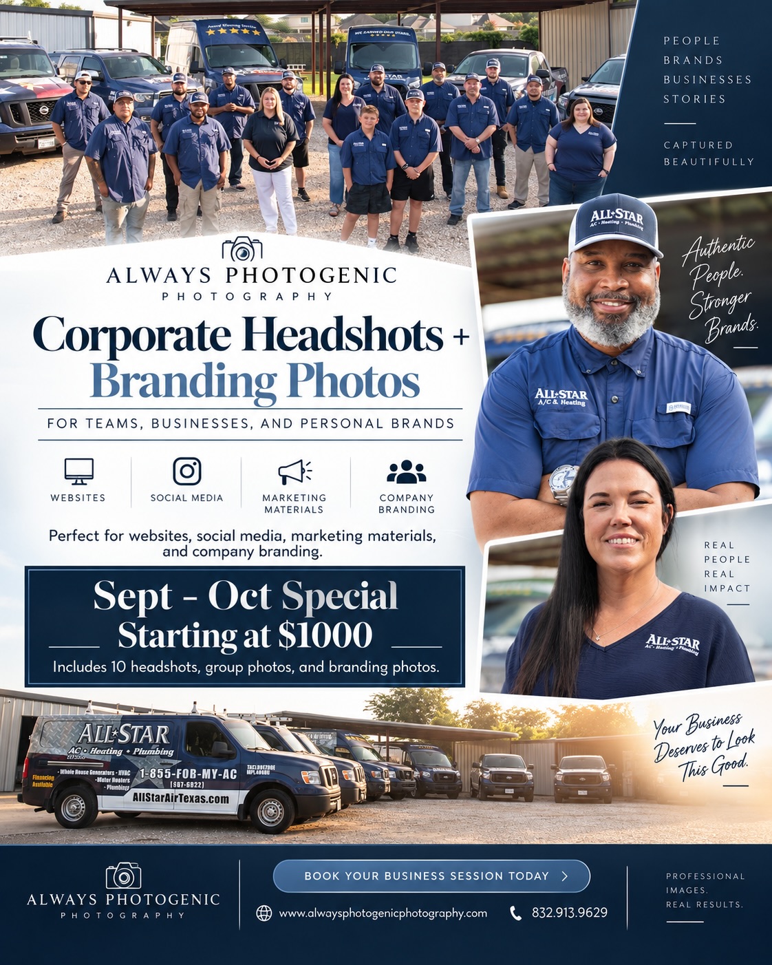 Your business deserves photos that look as professional as the work you do.
For September + October, Always Photogenic Photography is offering corporate headshot and branding sessions starting at $1,000, including up to 10 individual headshots, group photos, and branding images for your website, social media, marketing materials, and more.
Serving Katy, Houston, and surrounding areas. Upgrades are available for larger teams, additional images, expanded branding coverage, and custom business needs.
Book your team session at www.alwaysphotogenicphotography.com or contact Heather at 832.913.9629.
#KatyTXPhotographer #HoustonBrandingPhotographer #CorporateHeadshots #BusinessBranding #AlwaysPhotogenicPhotography