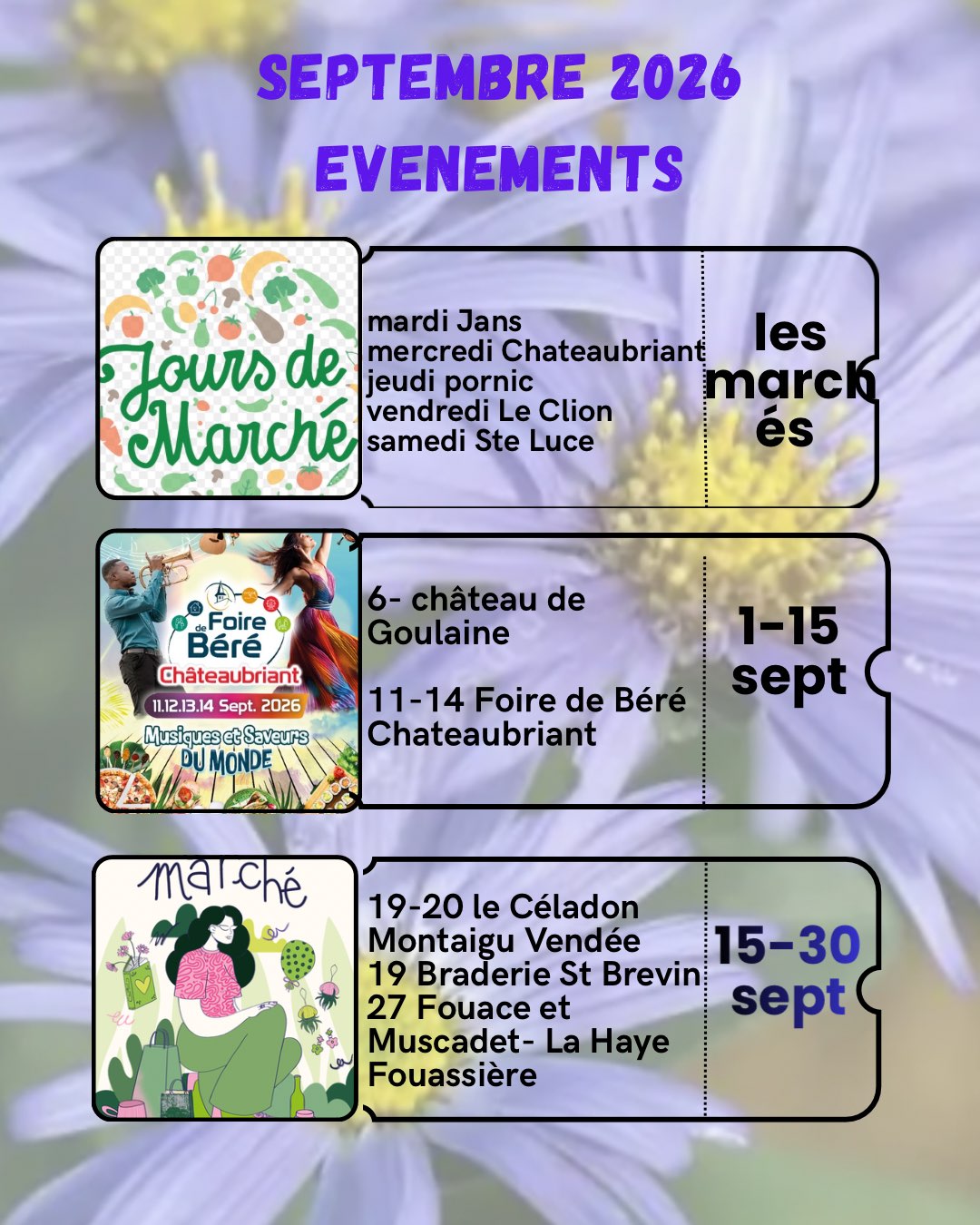 Retrouvez Natyloe Cosmetics sur les événements de septembre
Marchés hebdo, artisanaux , foires, braderies dans tout le département
À vous de choisir votre ambiance votre lieu votre jour
La cosmétique naturelle de Natyloe Cosmetics sera là pour vous faire découvrir ses produits d’exception
www.natyloe.fr
#marcheartisanal #loireatlantique #artisanatfrancais #cosmetiquenaturel #foiredebéré