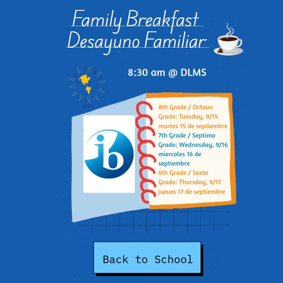 ¡Únase a nosotros esta semana para nuestros desayunos familiares de nivel de grado! 📓📚🫶 Join us this week for our Grade Level Family Breakfasts! #dlmsfamilia #nycpublicschools @nycdistrict3