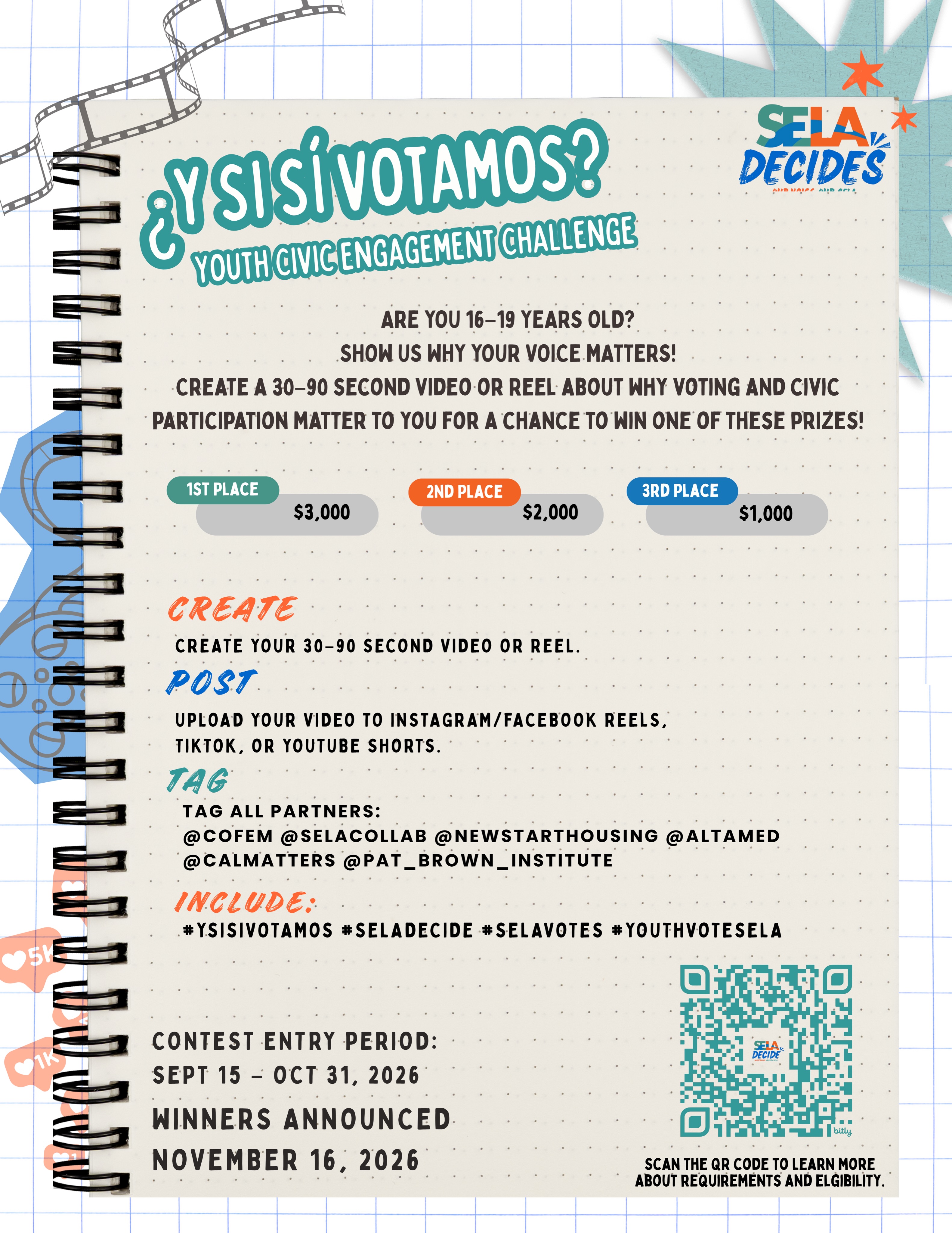 “El que no arriesga, no gana… y el que no participa, no cambia.”
Your voice matters, and your community needs to hear it.
We’re excited to officially launch the ¿Y Si Sí Votamos? Youth Civic Engagement Challenge, an opportunity for young people ages 16–19 in Southeast Los Angeles to share their perspectives on voting, civic participation, and creating change in their communities.
Create a 30–90 second video or Reel responding to one of our prompts. Tell your story, share a meaningful dicho, get creative, and inspire others to get involved.
Prizes:
🥇 1st place: $3,000
🥈 2nd place: $2,000
🥉 3rd place: $1,000
You do not need to be a U.S. citizen or registered voter to participate.
Ready to make your voice heard? Click here: bit.ly/YouthCivicEngagementChallenge or visit the link in our bio for the full contest details and to submit your entry.
#YSiSiVotamos #SELADecide #YouthVoteSELA
“El que no arriesga, no gana… y el que no participa, no cambia.”
Tu voz importa, y tu comunidad necesita escucharla.
¡Estamos emocionados de lanzar oficialmente el Concurso de Participación Cívica Juvenil ¿Y Si Sí Votamos?! Una oportunidad para que jóvenes de 16 a 19 años de Southeast Los Angeles compartan sus perspectivas sobre el voto, la participación cívica y cómo crear cambios en sus comunidades.
Crea un video o Reel de 30 a 90 segundos respondiendo a una de nuestras preguntas. Cuenta tu historia, comparte un dicho significativo, sé creativo/a e inspira a otras personas a participar.
Premios:
🥇 1.er lugar: $3,000
🥈 2.º lugar: $2,000
🥉 3.er lugar: $1,000
No necesitas ser ciudadano/a estadounidense ni estar registrado/a para votar para participar.
¿Listo/a para hacer escuchar tu voz? Visita bit.ly/YouthCivicEngagementChallenge o el enlace en nuestra biografía para conocer todos los detalles del concurso y enviar tu participación.
#YSiSiVotamos #SELADecide #YouthVoteSELA