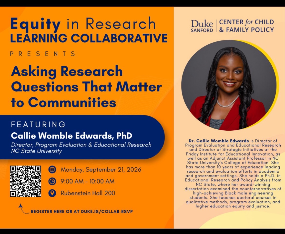 Thank you so much to the Duke Center for Child and Family Policy for this amazing invitation 🤓
I am excited to be in community with the Equity in Research Learning Collaborative on September 21st. We’ll be discussing how to ask research questions that matter to communities. 💡Join us!
#NCEd #EducationalResearch #ResearchQuestions #CommunityEngagedResearch