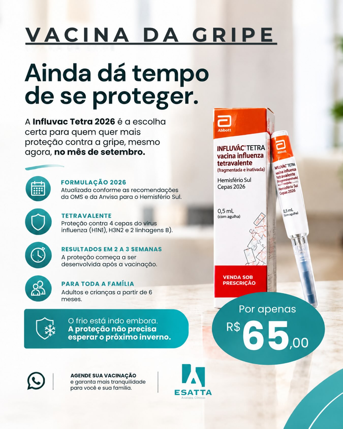 Muita gente pensa que a gripe é coisa só de inverno mas o vírus circula o ano inteiro.
Mudanças bruscas de temperatura, o uso constante de ar-condicionado e até a friagem repentina de alguns dias já bastam pra ele aparecer, inclusive fora do período mais frio.
Se vacinar é uma forma simples de fortalecer sua imunidade antes que o vírus apareça.
Sua saúde é a nossa vida.
#vacinadagripe #imunidade #laboratórioesatta