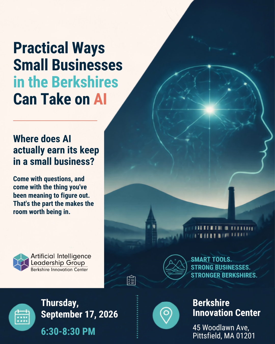 Join us for our September Salon, Practical Ways Small Businesses in the Berkshires Can Take on AI.
We’ll move beyond the AI buzz and into live, practical demos focused on where these tools can actually help small businesses, including marketing and CRM, avoiding AI slop, and inventory management for small retail.
Bring your questions. Bring something you’ve been trying to figure out. Let’s see where AI actually earns its keep.
📅 Tomorrow, September 17
⏰ 6:30–8:30 PM
📍 Berkshire Innovation Center
Admission is free. Save your seat - See Link in Bio