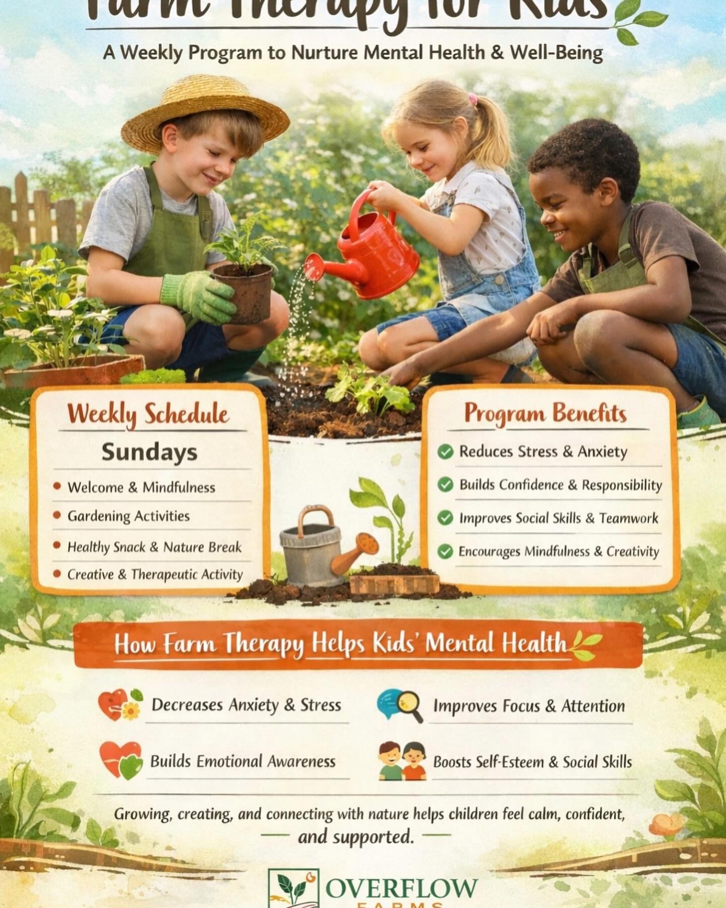 Farm therapy 6 weeks for children pre-K through 5th grade older siblings are welcome. Sunday, September 20 at 12:30 PM - October 25, to sign up email us at info@overflowfarms.org limited space.