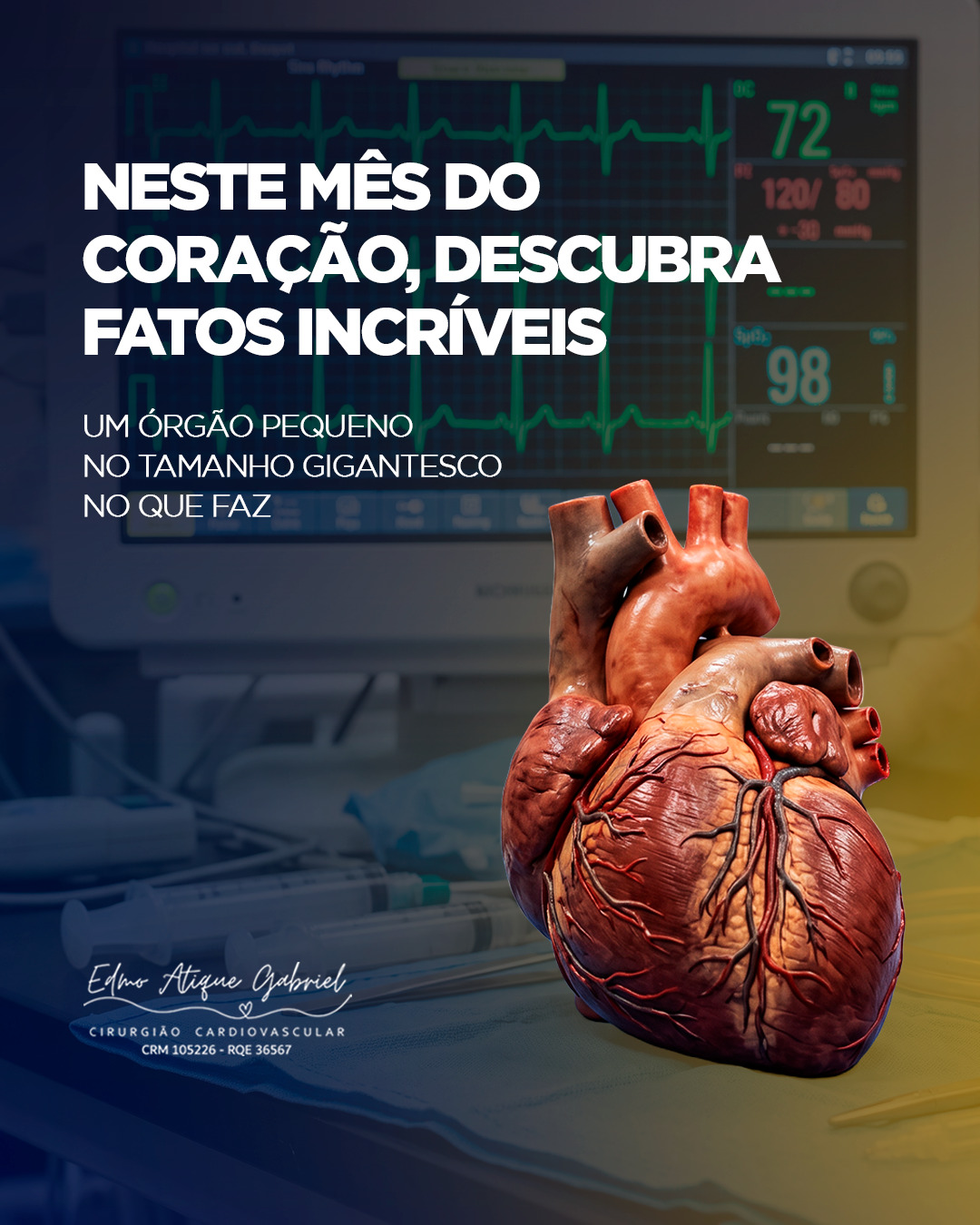 Você conhece o coração de verdade?
Por trás de cada batimento existe uma verdadeira obra da natureza.
⚡ Ele possui um sistema elétrico próprio, responsável por iniciar e coordenar os batimentos.
💓 É uma bomba incansável, capaz de movimentar milhares de litros de sangue pelo organismo todos os dias.
✊ Tem aproximadamente o tamanho de um punho fechado.
❤️ E começa a funcionar ainda durante o desenvolvimento embrionário, muito antes de o corpo estar completamente formado.
São detalhes que mostram como um órgão relativamente pequeno é fundamental para cada segundo da nossa vida.
Neste Mês do Coração, conhecer melhor esse órgão também é uma forma de lembrar por que devemos cuidar tão bem dele.
O coração trabalha por você todos os dias. Cuide dele também.
#MêsDoCoração #CuriosidadesDoCoração #SaúdeDoCoração #Cardiologia #CoraçãoSaudável #SaúdeCardiovascular #Prevenção #VidaSaudável #Longevidade #CuidarDoCoração #ConhecimentoÉSaúde