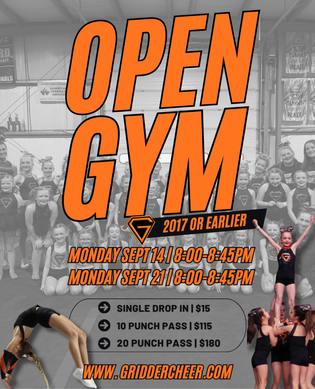 ANOTHER OPEN GYM OPPORTUNITY!
We’re adding POP-UP Open Gyms throughout the year! These special dates will give athletes even more opportunities to come in, work on their skills, get some extra practice in, and have fun in the gym!
For September, we have TWO pop-up Open Gyms:
📅 Monday, September 14 | 8:00-8:45pm
📅 Monday, September 21 | 8:00-8:45pm
✨ Open to athletes born in 2017 or earlier!
Spots are limited, so make sure to register online and come get some extra gym time in!
More pop-up Mondays will be announced every month — stay tuned! Please note Thursday open gym times are every week all season!
#popup#opengym#griddercheer#griddergym#athletedevelopment
