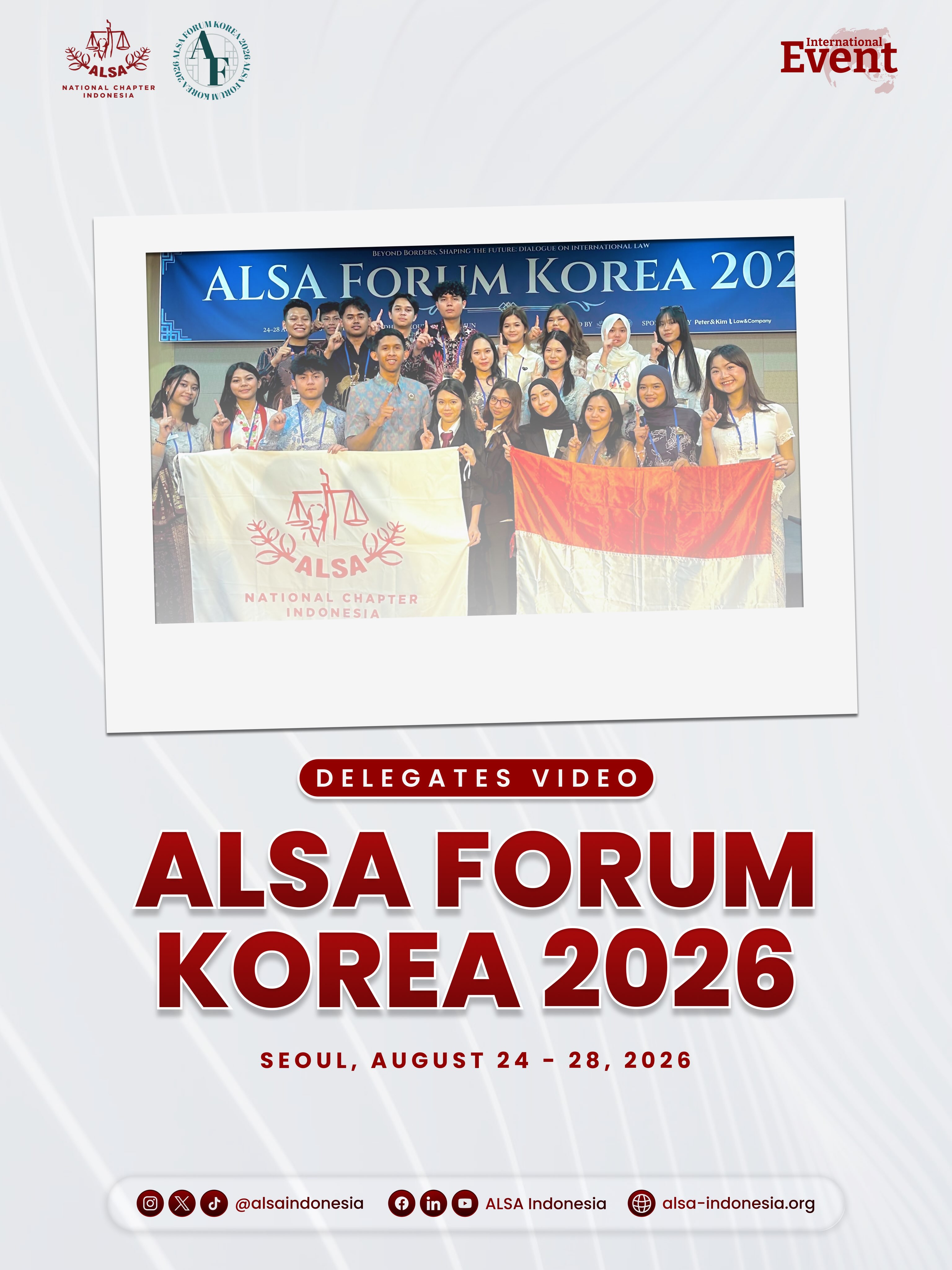 Warm Greetings, ALSAians!
Following the successful conclusion of ALSA Forum Korea 2026, we are delighted to present the official delegates video of ALSA Indonesia.
This video captures the unforgettable journey of our delegates throughout the forum, from engaging in intellectual exchanges and building meaningful connections to experiencing the vibrant culture of Korea. Through cultural activities, new experiences, and moments of fun and togetherness, our delegates created memories to cherish beyond the forum.
We invite you to relive these exciting moments with us and celebrate the spirit of ALSA beyond borders.
ALSA, Always Be One!