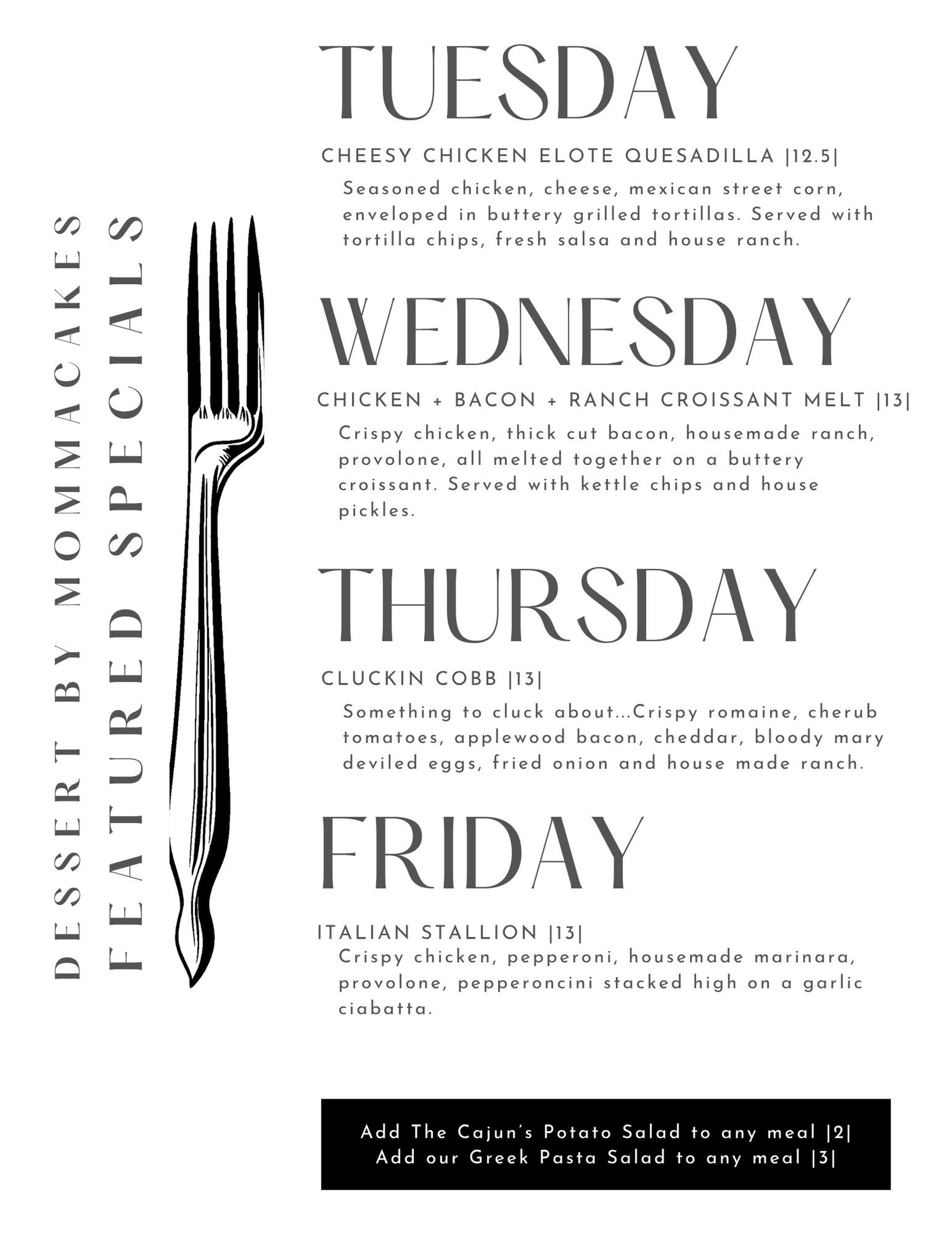 🔥🍴 THIS WEEK AT MOMMACAKES! 🍴🔥
Y’all… the specials are SPECIALING this week! 😍💋
We’ve got cheesy, crispy, melty, ranchy goodness coming your way, and your lunch plans just got a whole lot tastier! 🤤🥐🌮🥓
📸 Check out the menu and start planning your week because you KNOW you don’t want to miss this lineup! 👀🔥
🍽️ Dine In
🥡 Takeout
🚗 We Deliver!
📍 Come see us in Fairfield, TX! ❤️
Tag your lunch crew and tell ’em where we’re eating this week! 😏👇🏼
#DessertByMommaCakes #FairfieldTXEats #WeeklySpecials #LunchGoals #EatLocal